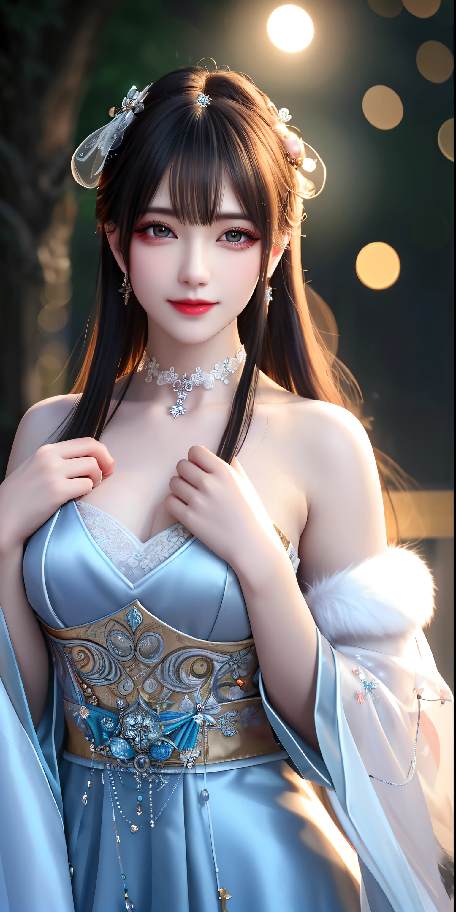 best qualityer,8K, tmasterpiece, A high resolution, 1girll, Clear silk porcelain dress, Fur coat, hair adornments, ssmile, Keep one's mouth shut, cparted lips,Large breasts,Shoulder, shift dresses, hair adornments, choker necklace, jewely, Chinese outfit, long whitr hair, 耳Nipple Ring, Detailed beautiful eyes, detailed eyelashes, beautiful face,after sexing_Body, Tyndall effect,realisticlying, edge lit, twotonelighting,(highdetailskin:1.2), 8K, Ultra HD, digital SLR camera, gentle illumination, high high quality, Volumetriclighting, Frankness, photore, A high resolution, Bokeh, at a forest, Falling snow, Winters, in the afternoon