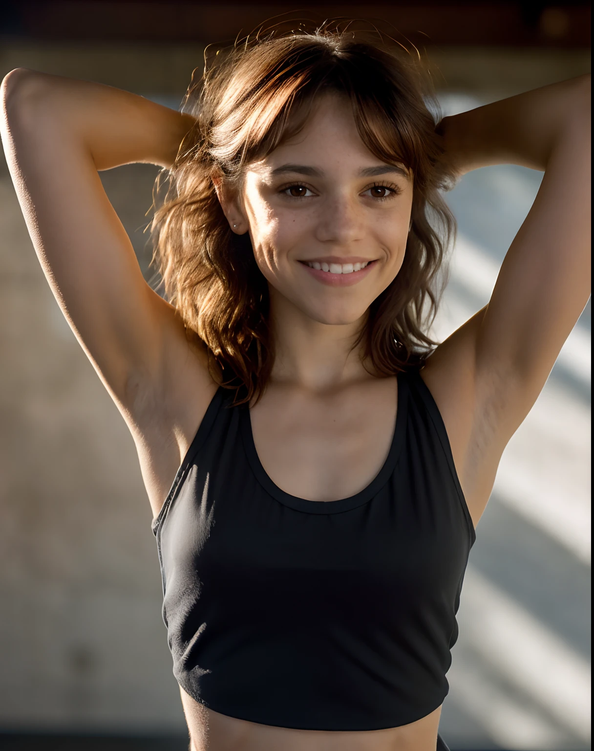 portrait of jortega looking at viewer, shaggy wolf haircut into a silky lob, Auburn Hair color, showing armpits, at gym sweating, smiling, wearing black top, masterpiece, extremely detailed skin, photorealistic, heavy shadow, dramatic and cinematic lighting, key light, fill light