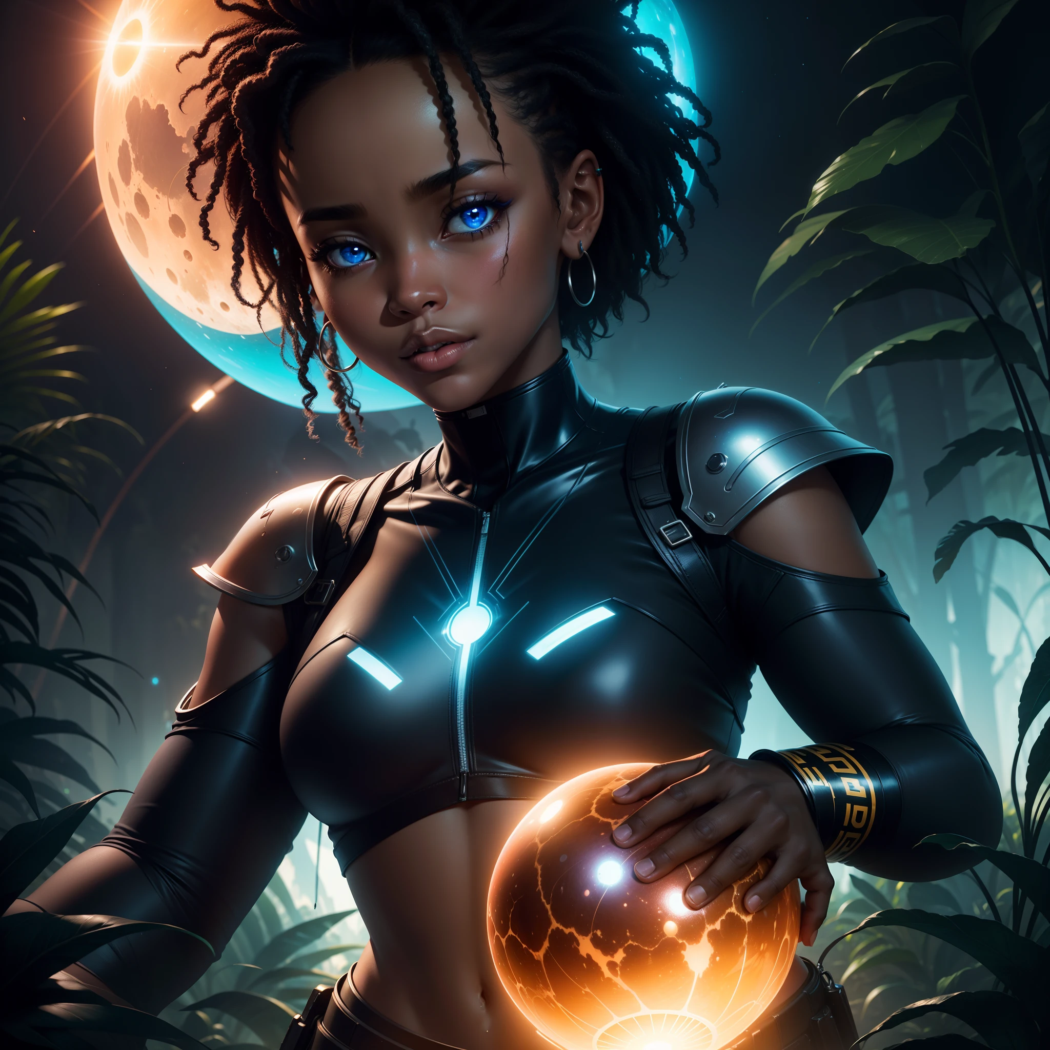 a close up of a beautiful black girl holding an African designed glowing object in their hands, jungle in the background, into the mirrorverse, enter the void, greg beeple, archillect concept art, lost in the void, blue moon in the sky shining blue light in the scene, with iridescent light, 32k, ultra HD, unreal engine rendered, cinematic lighting, artgerm style, bright and vibrant colours, photorealistic image