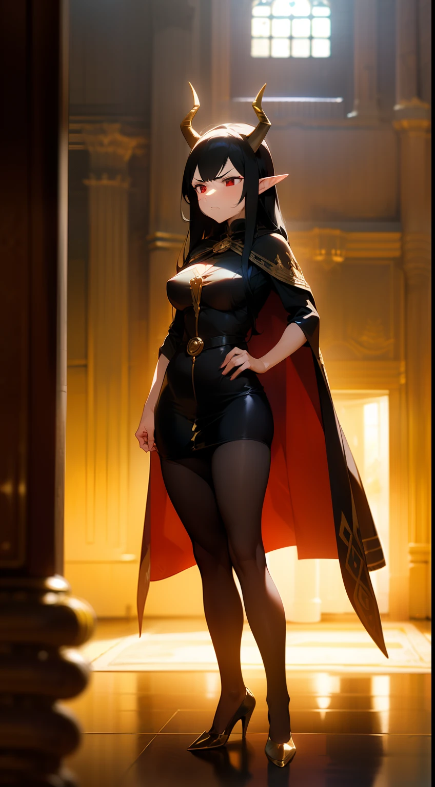 1woman,40 years,madure woman,solo,angry face,golden and black short dress,medium tits,black hair,long hair,red eyes,elves ears,golden horns,pantyhose,cape,(((standing in front of a room inside a castle)))