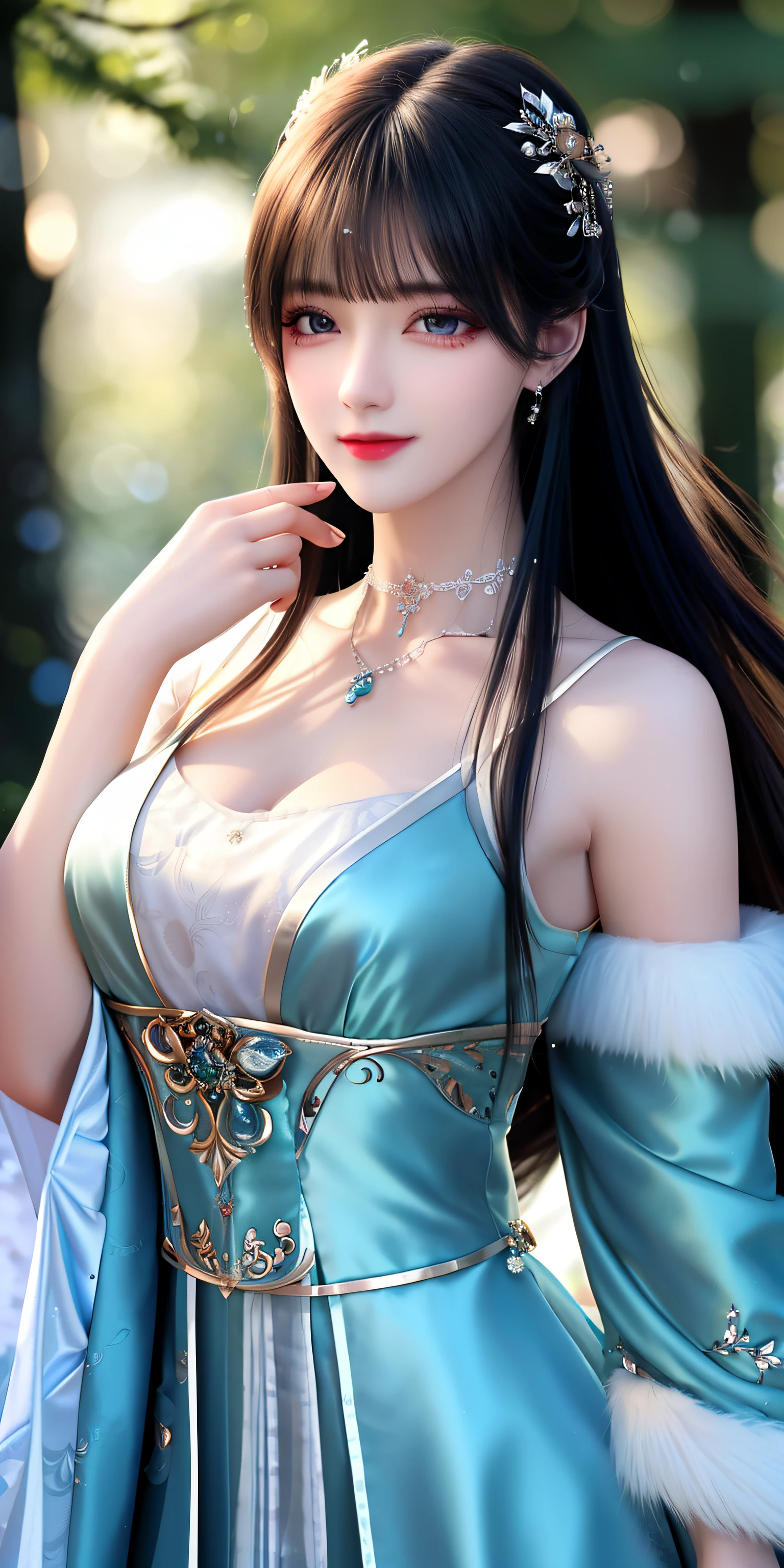 best qualityer,8K, tmasterpiece, A high resolution, 1girll, Clear silk porcelain dress, Fur coat, hair adornments, ssmile, Keep one's mouth shut, cparted lips,Large breasts,Shoulder, shift dresses, hair adornments, choker necklace, jewely, Chinese outfit, long whitr hair, 耳Nipple Ring, Detailed beautiful eyes, detailed eyelashes, beautiful face,after sexing_Body, Tyndall effect,realisticlying, edge lit, twotonelighting,(highdetailskin:1.2), 8K, Ultra HD, digital SLR camera, gentle illumination, high high quality, Volumetriclighting, Frankness, photore, A high resolution, Bokeh, at a forest, Falling snow, Winters, in the afternoon