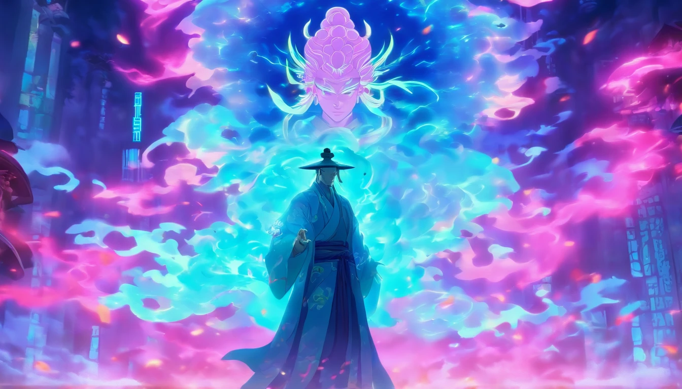 China-style,The Taoist priest stood in front of a huge transparent glowing projection,Stretch your hands,Glow effects,8K,super-fine,tmasterpiece,high qulity