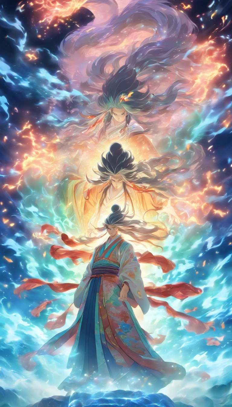 China-style,The Taoist priest stood in front of a huge transparent glowing projection,Stretch your hands,Long messy hair,Glow effects,8K,super-fine,tmasterpiece,high qulity