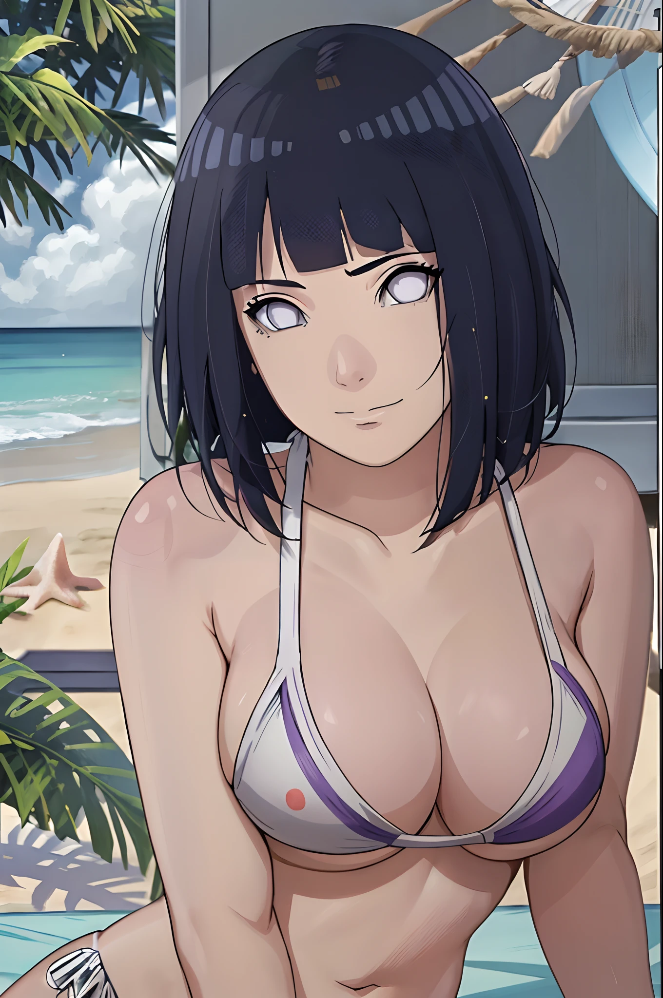(WALLPAPER, (hinata\(boruto\), (((string bikini))), masterpiece, 4k, vector coloring, whole body shot, (high color saturation), contrast lighting, mature female, (curvy:0.8), solo, anime style, sharp focus, professional artwork, intricate details, colorful, vibrant colors, vivid colors, digital blending, ultra detailed body, ultra detail hair, ultra detail face, trending on pixiv, very hot colors, (((beach background, outdoors))), detailed bold arm lines, high color saturation, bold lines, bold drawing lines),
(((standing)), (head tilt), closed mouth, kind smile, gentle look),
((dark blue hair color:1.1), wavy hair, ((short hair, hime cut)),
(perfect eyes, white sciera, bright eyes, white eyes, anime eyes, smoky eyeliner, eyeshadow)
(white skin, (fair skin), slender body, milf, perfect face),
(legs, big breasts, off-shoulders, (detailed shoulders, detailed arm lines)),
(bare shoulders, bare legs, (closed fists),
