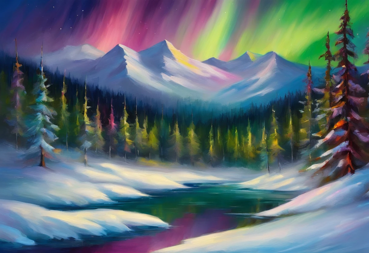 Night on a snowy mountain with coniferous forest covered with snow at the foot of the mountain。Aurora borealis shine in the sky above and the snow looks tinted with the color of the aurora borealis.