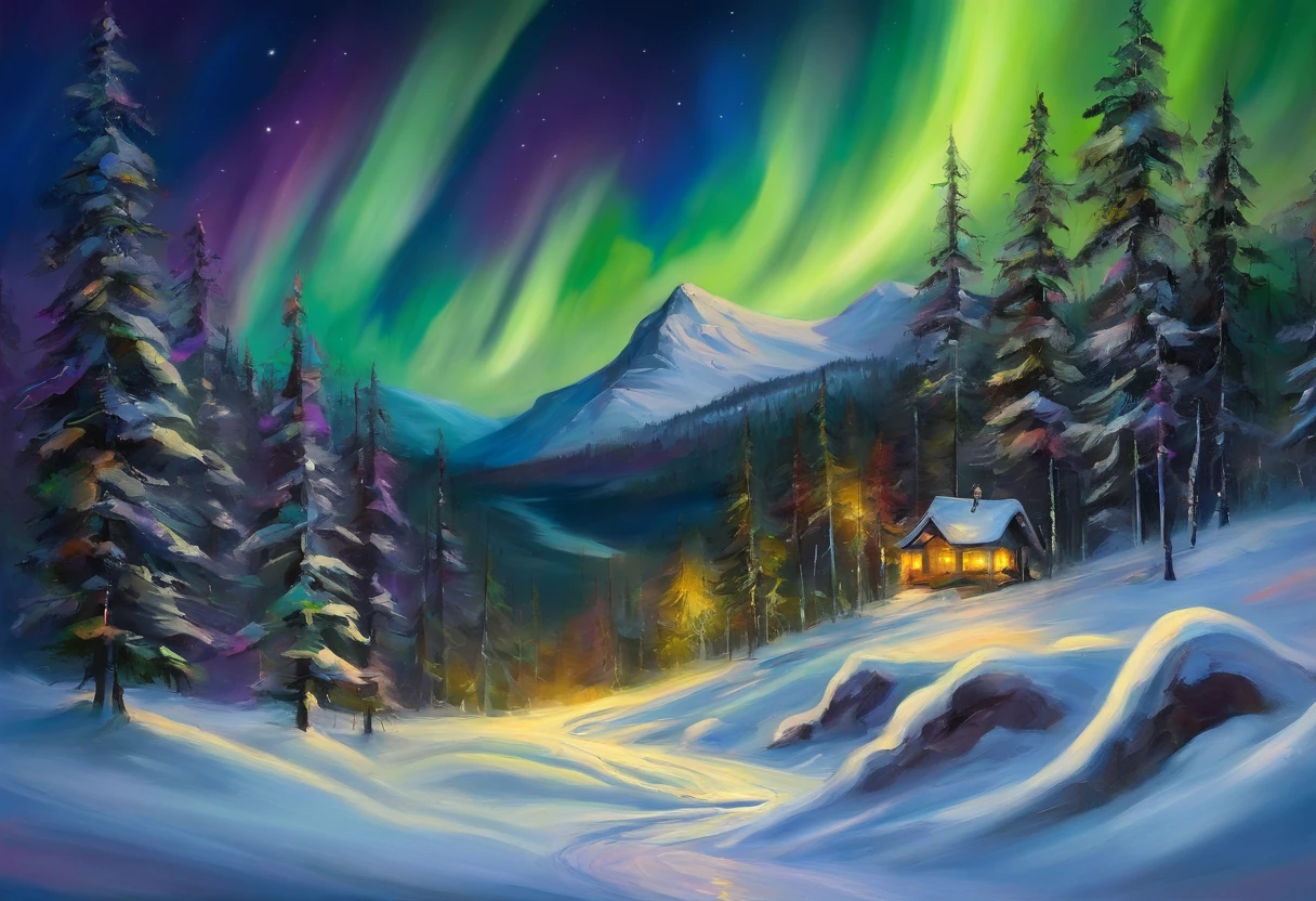 Night on a snowy mountain with coniferous forest covered with snow at the foot of the mountain。Aurora borealis shine in the sky above and the snow looks tinted with the color of the aurora borealis.