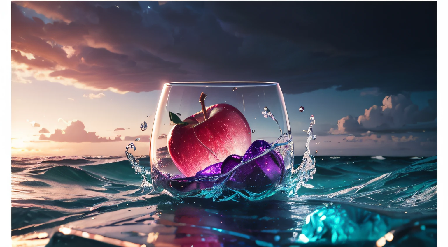 Lovely double exposure image while mixing a stormy sea and a glass apple. O mar deve servir como pano de fundo subjacente, with its details subtly incorporated into the shiny glass apple, foco afiado, double exposure, shiny glass apple, (Translucent glass figure of an apple) (Mar dentro) sem vida, Morto, glass apple, cores terrosas, decadence, design intrincado, Hiper realista, highes definition, Extremamente Detalhada, softbox escuro imagem, ray tracing, cinemactic, HDR, photoreallistic (double exposure:1.1)