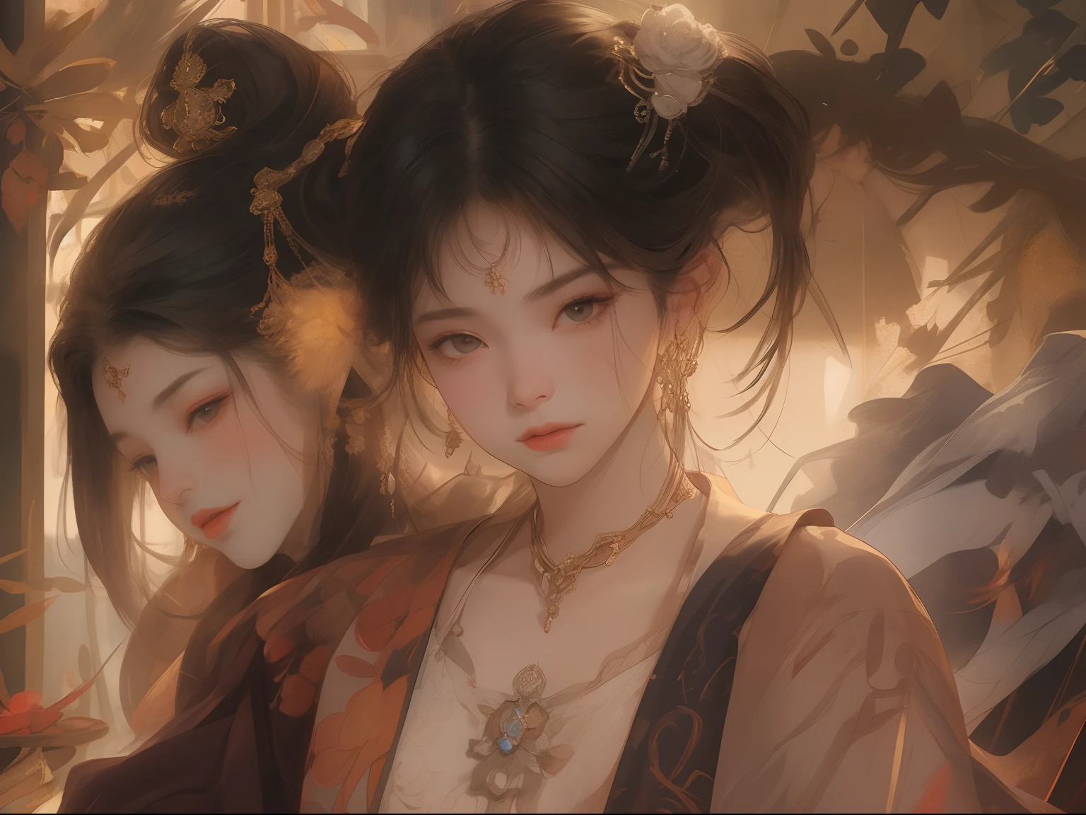 Best quality、tmasterpiece、A high resolution、A flat-chested girl、Porcelain soft satin dress、Delicate hair accessories、Fine Necklace、detailed jewellery、pretty face、Physically、Flat and thin body,smallunderboob,Tyndall effect、realisticlying、Shadow Studio、edge lit、bicolor lighting、(highdetailskin:1.2)、8K UHD、Digital SLR、softlighting、high high quality、volumettic light、sneak shot、photore、A high resolution、4K、8K、The background is blurred out,