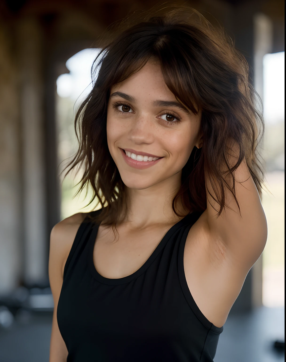 portrait of jortega looking at viewer, shaggy wolf haircut into a silky lob, Auburn Hair color, showing armpits, at gym sweating, smiling, wearing black top, masterpiece, extremely detailed skin, photorealistic, heavy shadow, dramatic and cinematic lighting, key light, fill light