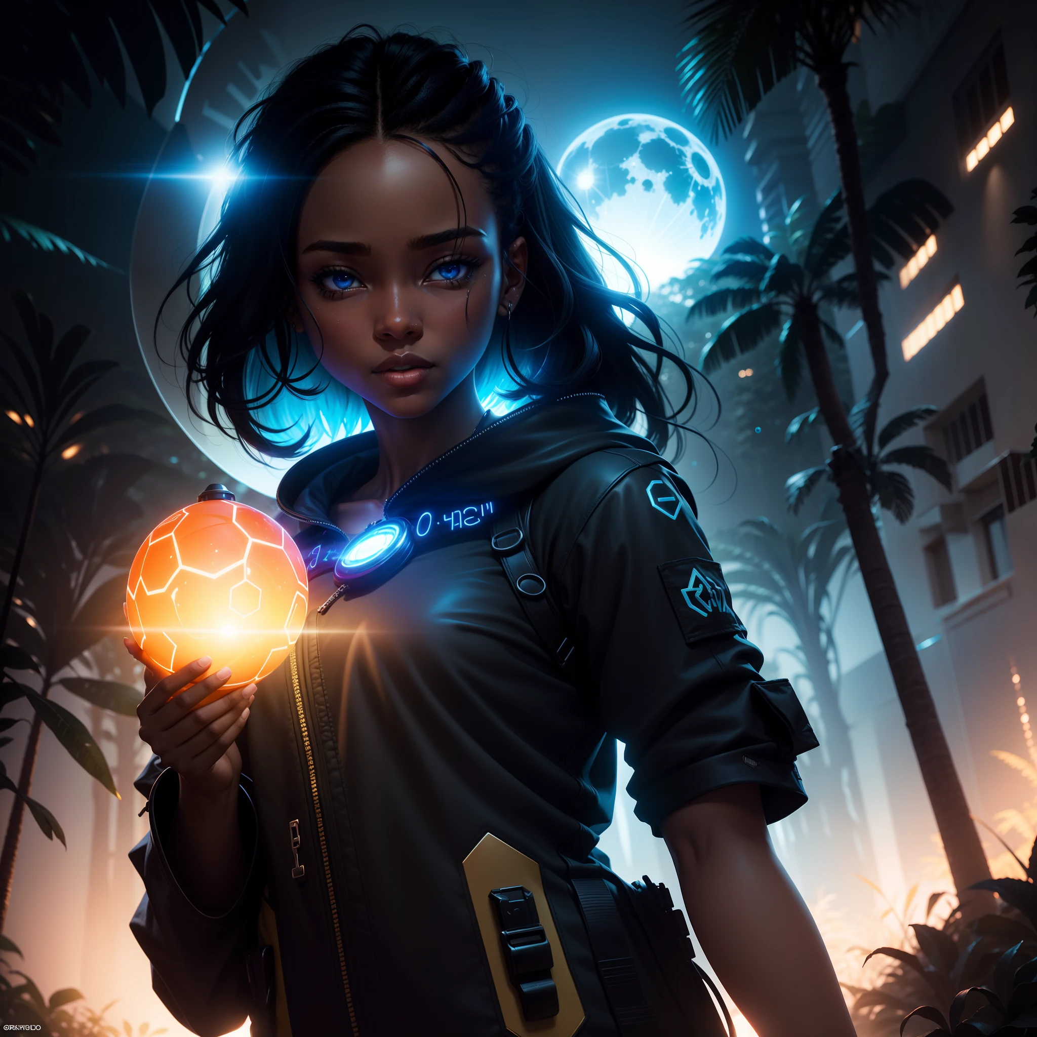 a close up of a beautiful black girl holding an African designed glowing object in their hands, jungle in the background, into the mirrorverse, enter the void, greg beeple, archillect concept art, lost in the void, blue moon in the sky shining blue light in the scene, with iridescent light, 32k, ultra HD, unreal engine rendered, cinematic lighting, artgerm style, bright and vibrant colours, photorealistic image