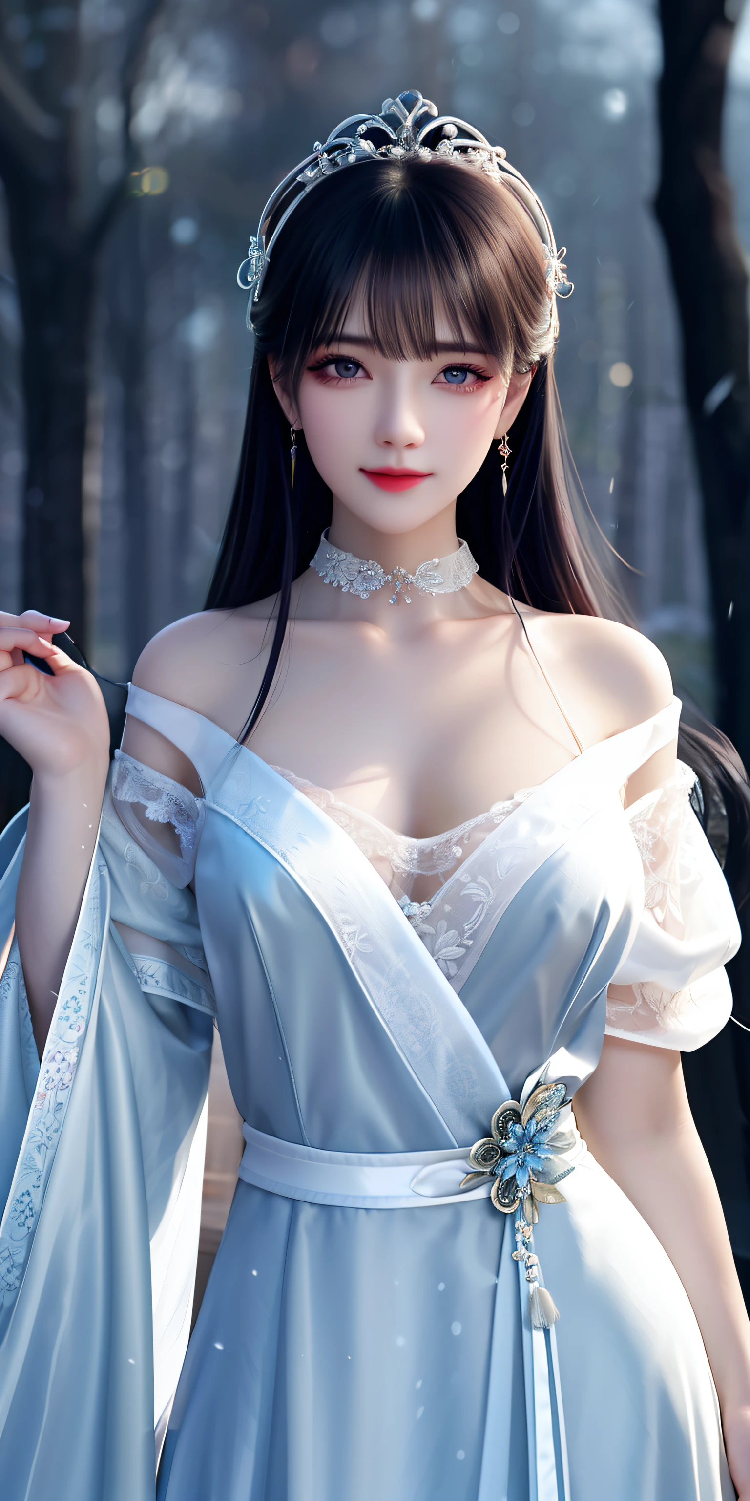(masterpiece, best quality),8K,close up,1girl with long black hair sitting in a field of green plants and flowers,warm lighting,white dress,smile,