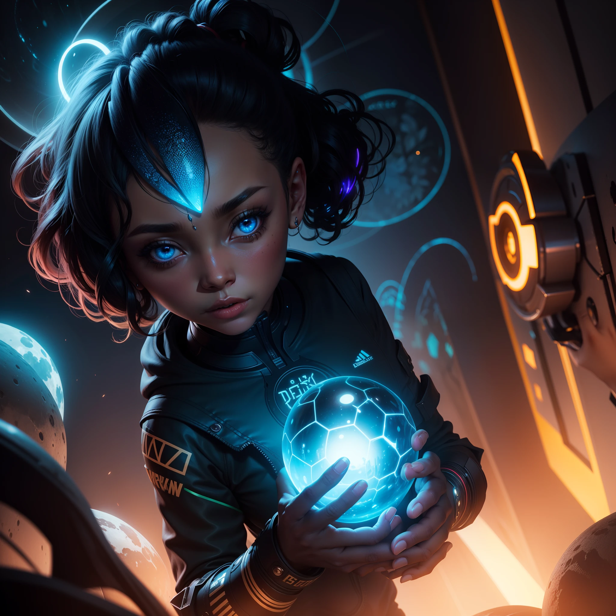 a close up of a beautiful black girl holding an African designed glowing object in their hands, jungle in the background, into the mirrorverse, enter the void, greg beeple, archillect concept art, lost in the void, blue moon in the sky shining blue light in the scene, with iridescent light, 32k, ultra HD, unreal engine rendered, cinematic lighting, artgerm style, bright and vibrant colours, photorealistic image