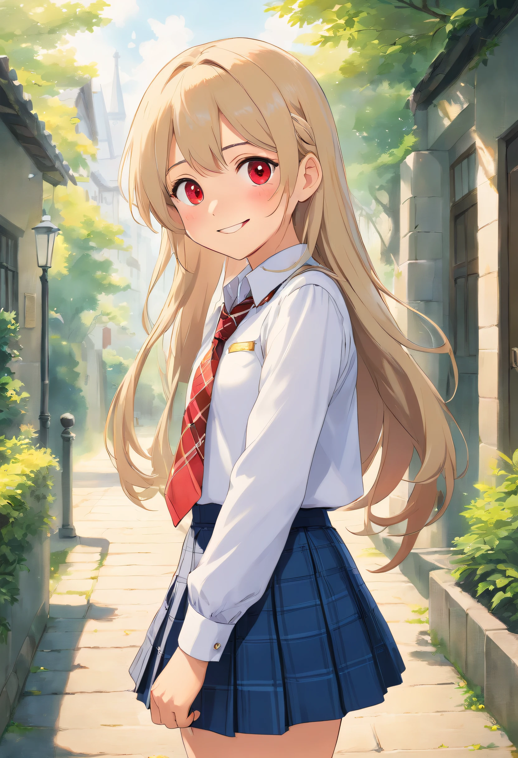 4K, Masterpiece, highres, absurdres,natural volumetric lighting and best shadows, deep depth of field, sharp focus, soft delicate beautiful attractive face,bisquedoll anime style ,[kitagawa marin|Nadia], 1girl, :d, upper body, bead bracelet, beads, black necktie, blonde hair, blue skirt, blush, bracelet, hand on own hip, jewelry, long hair, looking at viewer, necktie, open mouth, plaid, plaid skirt, red eyes, school uniform, shirt, outdoors, skirt, smile, solo, standing,white background, white shirt,
