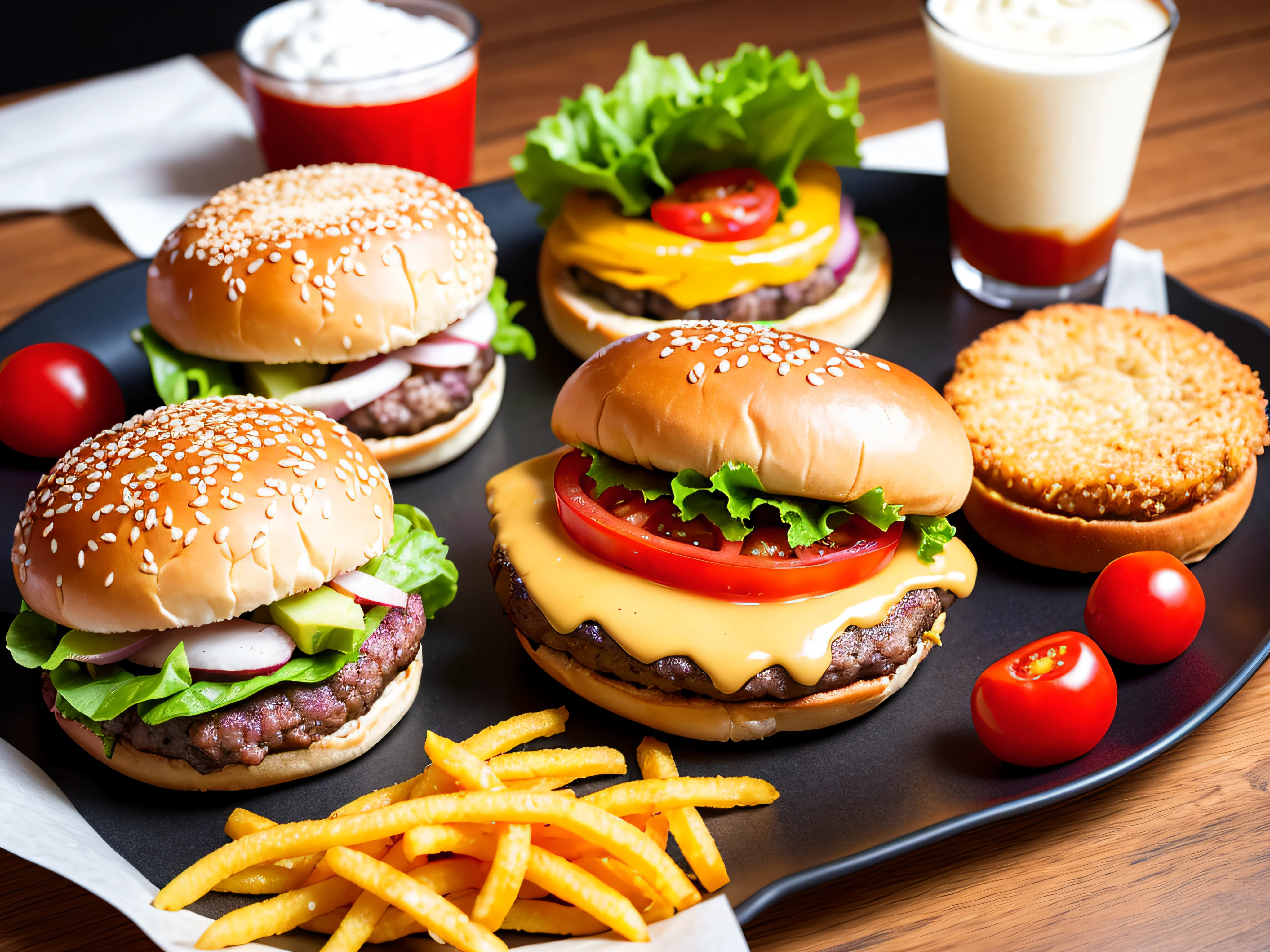 hamburgers、top-quality、超A high resolution、(Photorealsitic:1.4)、ultra-detailliert、incredible detailed、Big Mac、Fried meat、Wet lettuce、Melting cheese、tomatoes