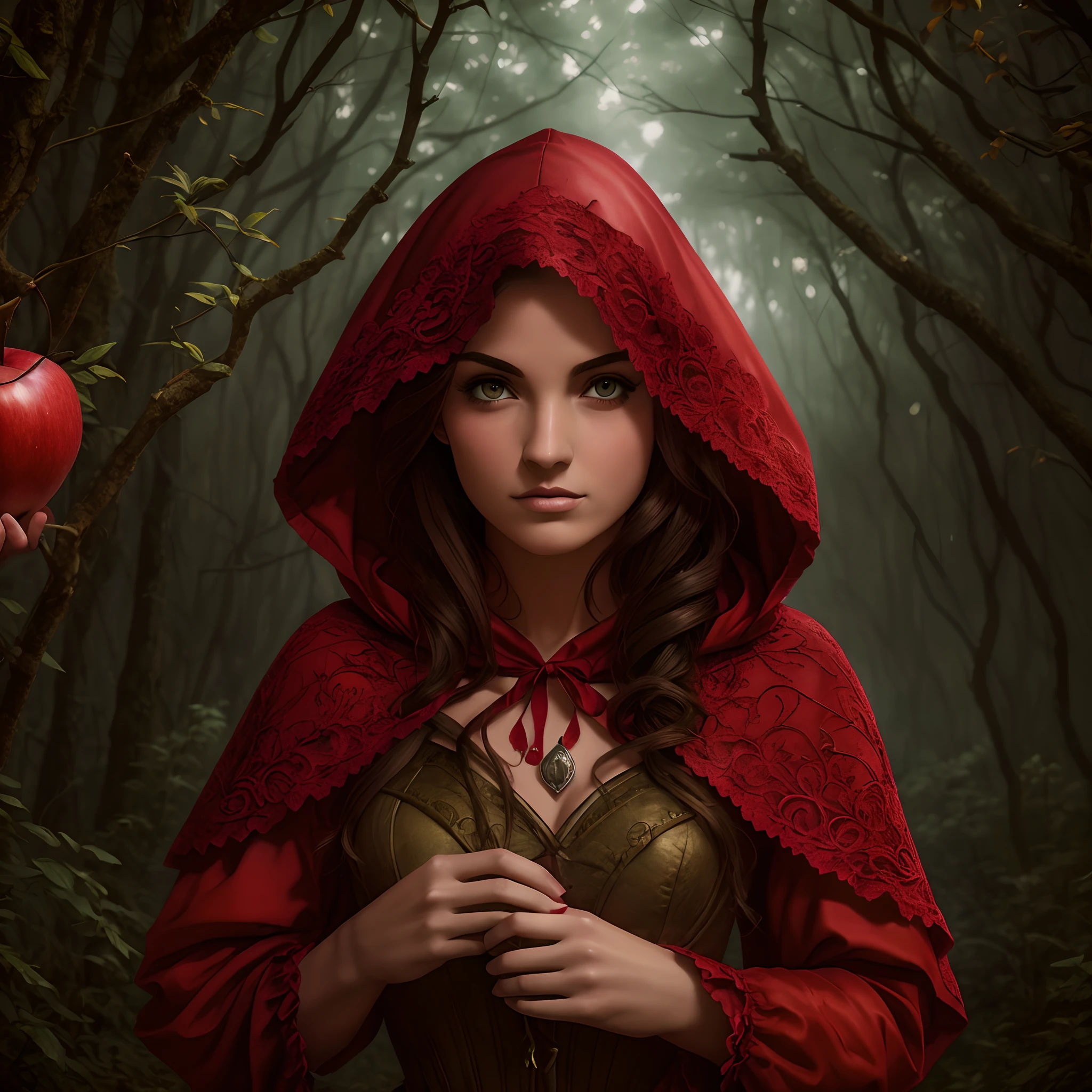 There is a woman with a red hood holding a red apple, vestido com um belo manto vermelho, thief red riding hood, chapeuzinho vermelho, chapeuzinho vermelho, Foto do personagem de fantasia, fotografia de personagens, foto retrato, Fantasia De Alta Qualidade Foto Stock, inspirado em Anne Stokes, fantasy photoshoot, Not in the style of Anne Stokes, fotografia de fantasia, inspirado em Dorothy Hood