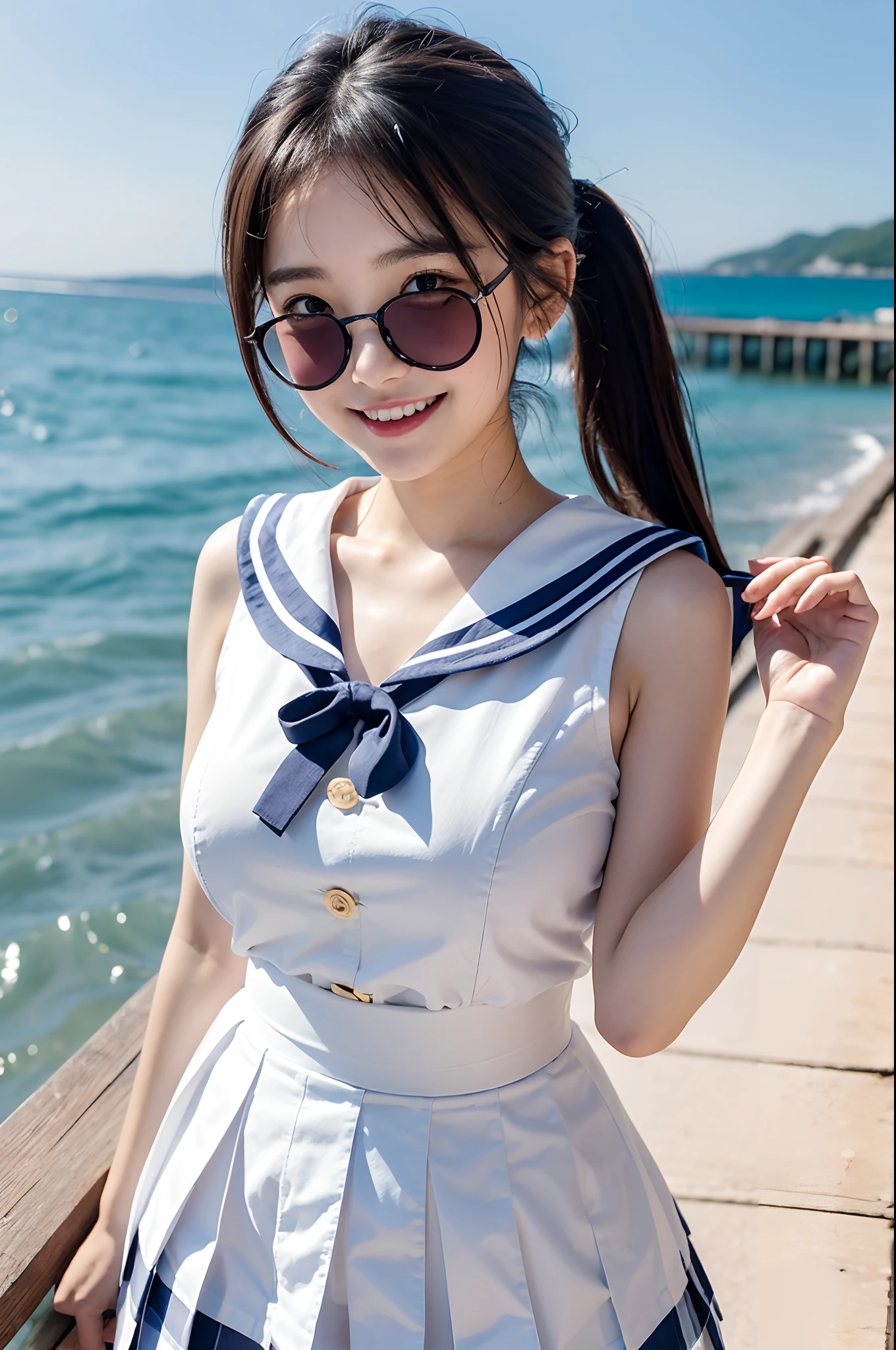high-level image quality、a 20 yo woman、Japan school uniform、(Sailor suit in cute shades)、(White sailor color)、Smiling with a sexual expression、Cute hairstyle、Sleeveless、Plaid pleated skirt、panthyhose、Stockings、garterbelts、petticoat、(huge-breasted)、Fluttering the chest、Sleeveless、Show the armpits、Cute hairstyle、Seaside sandy beach