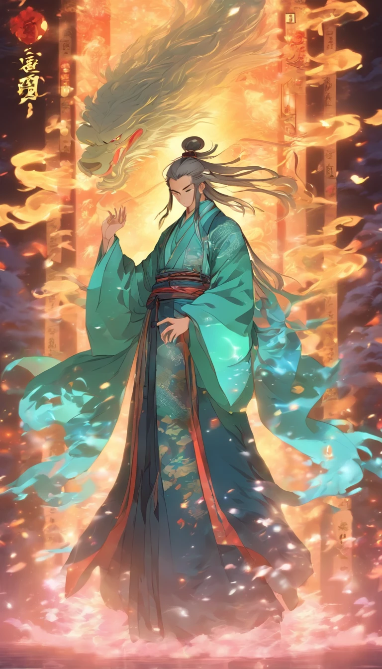 China-style,The Taoist priest stood in front of a huge transparent glowing projection,Stretch your hands,Long messy hair,Glow effects,8K,super-fine,tmasterpiece,high qulity