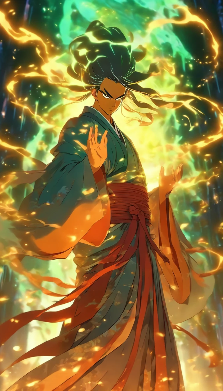 China-style,The Taoist priest stood in front of a huge transparent glowing projection,Stretch your hands,Long messy hair,Glow effects,8K,super-fine,tmasterpiece,high qulity