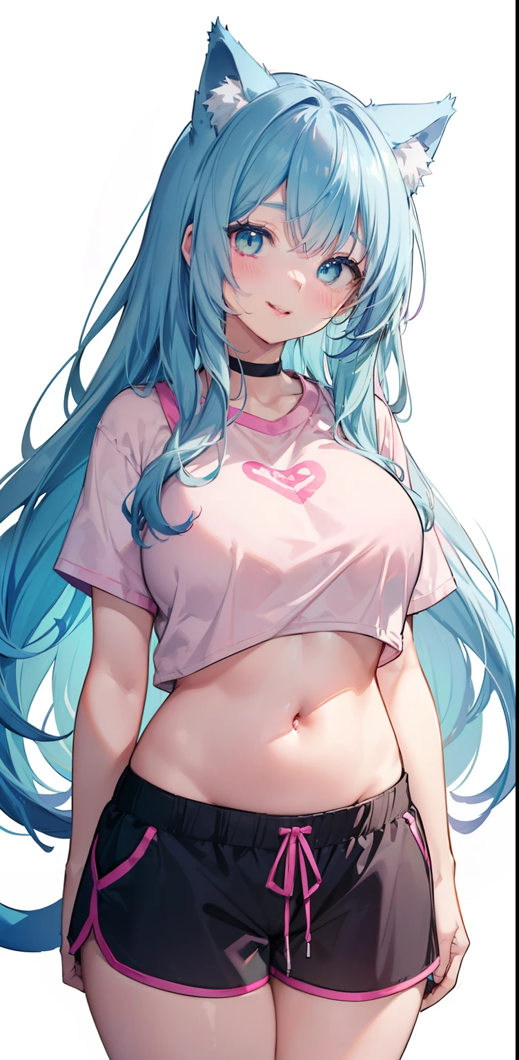 (sketch drawing), (close up), (adult body), ((mouth, smiling, lips)), (chest a little big), (thick legs), (large thighs), (pink cheeks), ( short shirt), (showing belly), (perfect belly), (gym shorts), (blue cat ears), (beautiful cat ears), (blue hair), (green eyes), (long straight hair loose) , (fringe), (details on the strands), (white background),