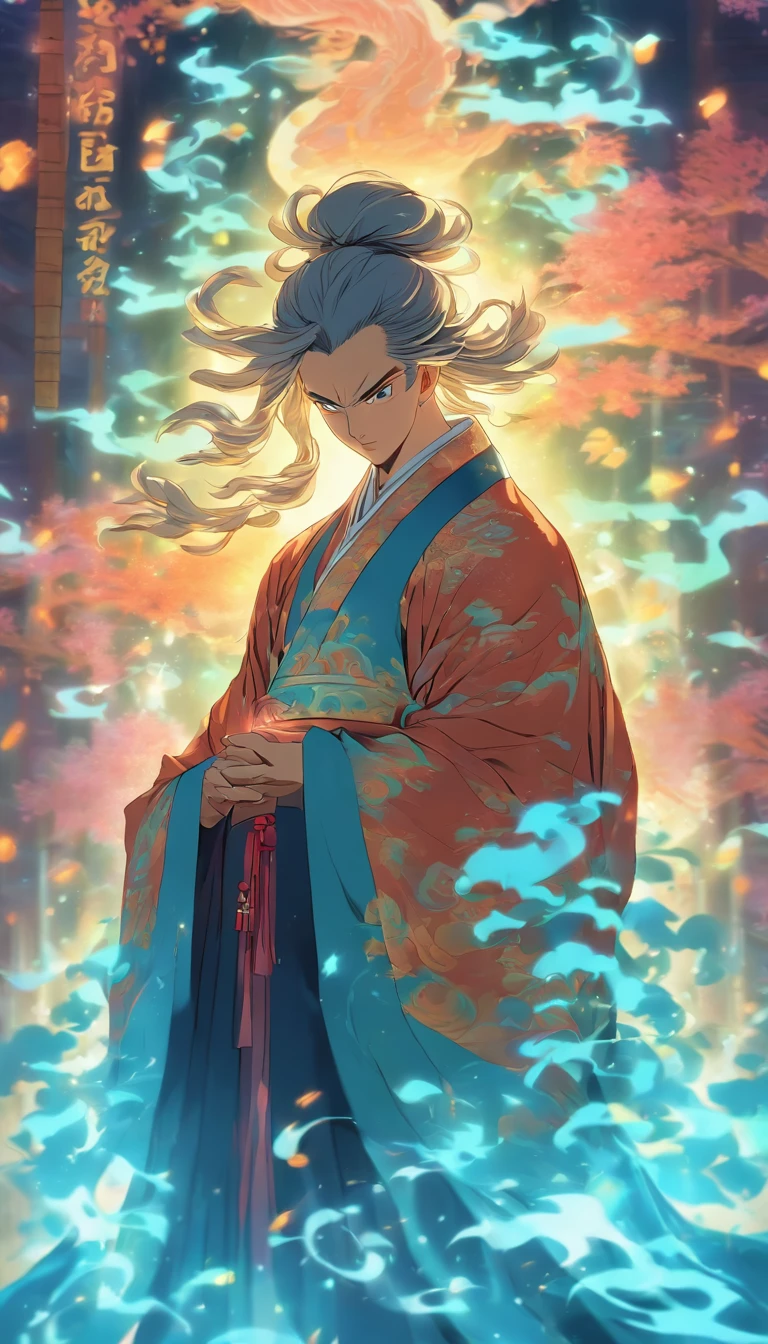 China-style,The Taoist priest stood in front of a huge transparent glowing projection,Stretch your hands,Long messy hair,Glow effects,8K,super-fine,tmasterpiece,high qulity