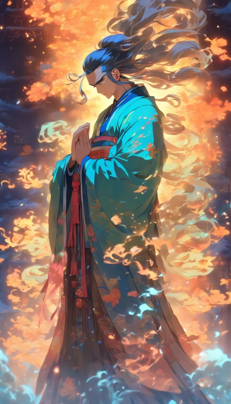 China-style，The Taoist priest stood in front of a huge transparent glowing projection，Stretch your hands，Long messy hair，Glow effects，8K，super-fine，tmasterpiece，high qulity