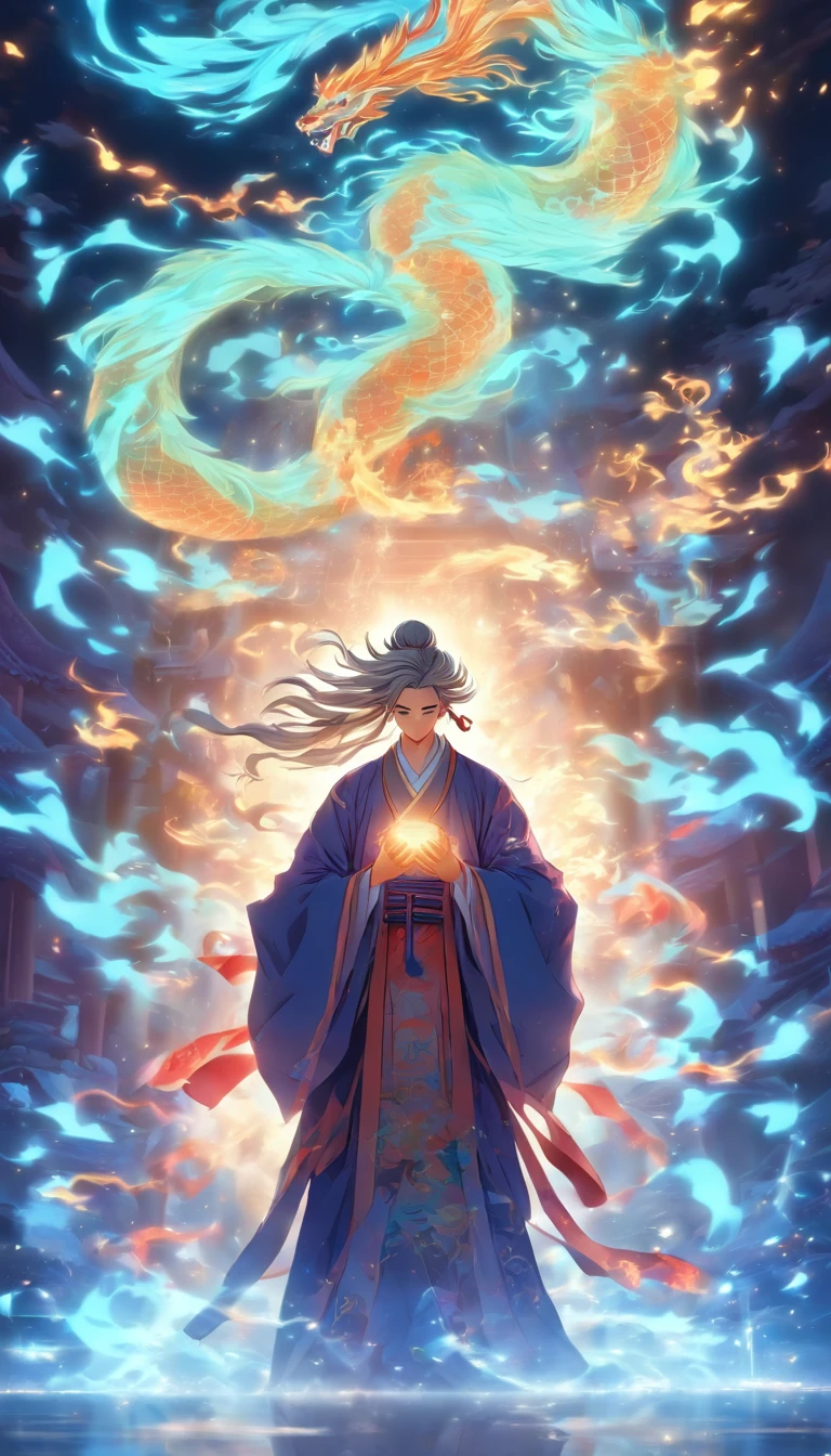 China-style，The Taoist priest stood in front of a huge transparent glowing projection，Stretch your hands，Long messy hair，Glow effects，8K，super-fine，tmasterpiece，high qulity