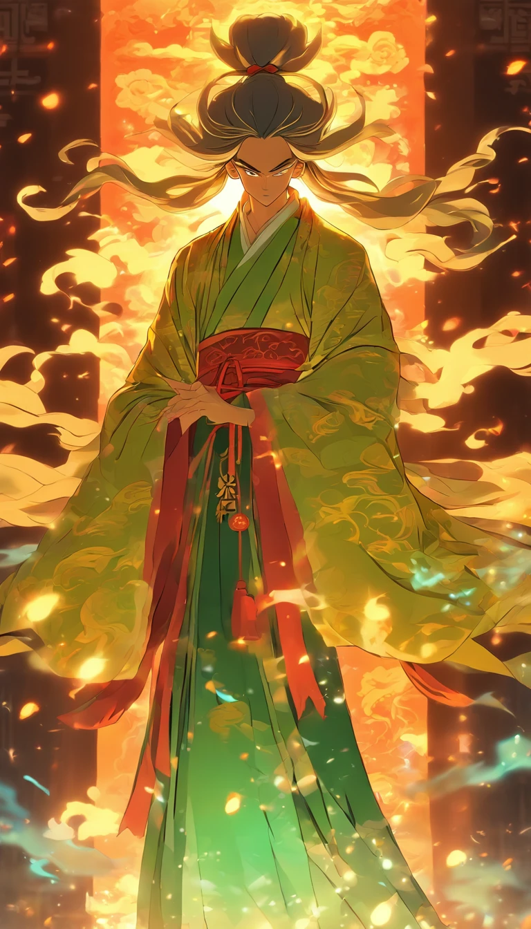 China-style,The Taoist priest stood in front of a huge transparent glowing projection,Stretch your hands,Long messy hair,Glow effects,8K,super-fine,tmasterpiece,high qulity