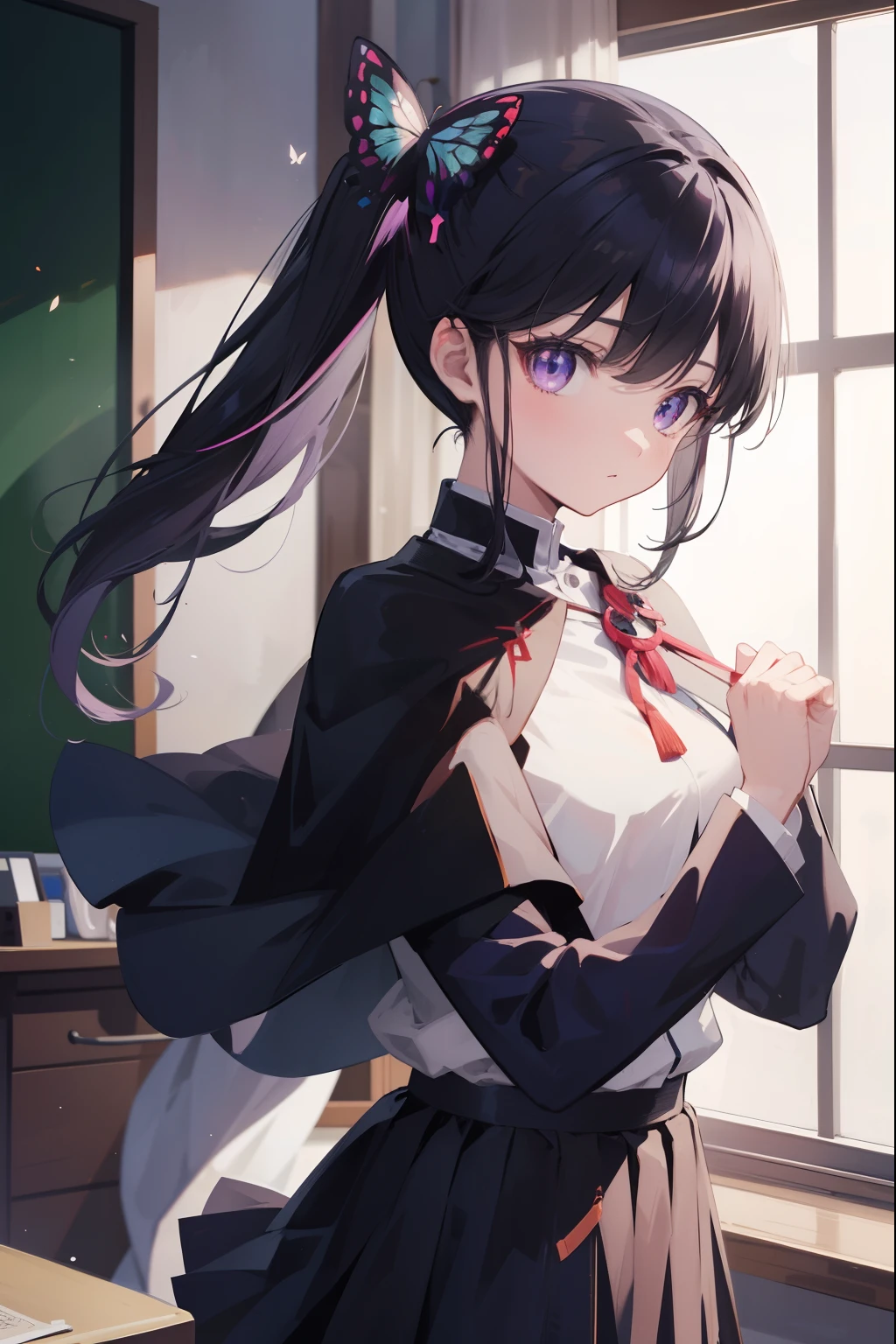 NSFW,1boy,1girl,((sex)),on stomach,from behind, bared chest,Classroom,mesugaki,Lori,cute little,School uniform,black hair,Twin-tailed,Large ribbon,Purple eyes,blushed face,evil smile,Top image quality,masutepiece,Best Quality