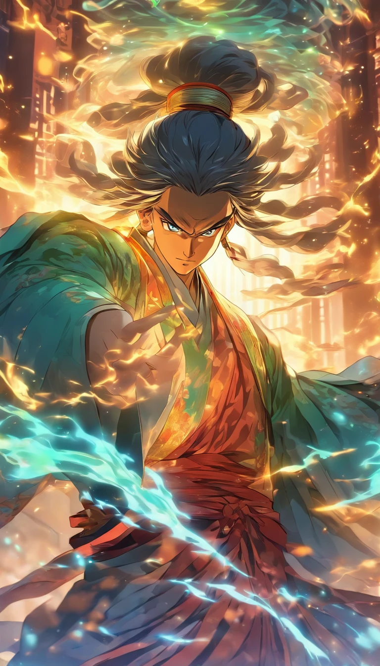China-style,The Taoist priest stood in front of a huge transparent glowing projection,Stretch your hands,Long messy hair,Glow effects,8K,super-fine,tmasterpiece,high qulity