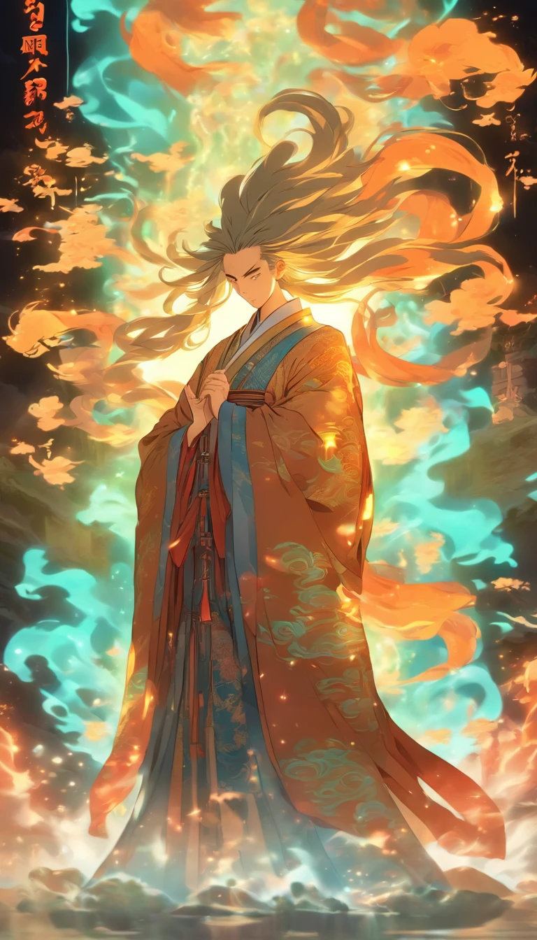 China-style,The Taoist priest stood in front of a huge transparent glowing projection,Stretch your hands,Long messy hair,Glow effects,8K,super-fine,tmasterpiece,high qulity