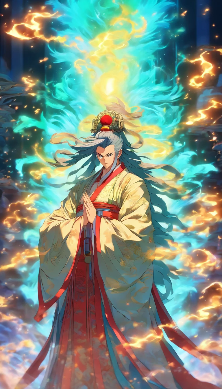 China-style，The Taoist priest stood in front of a huge transparent glowing projection，Stretch your hands，Long messy hair，Glow effects，8K，super-fine，tmasterpiece，high qulity