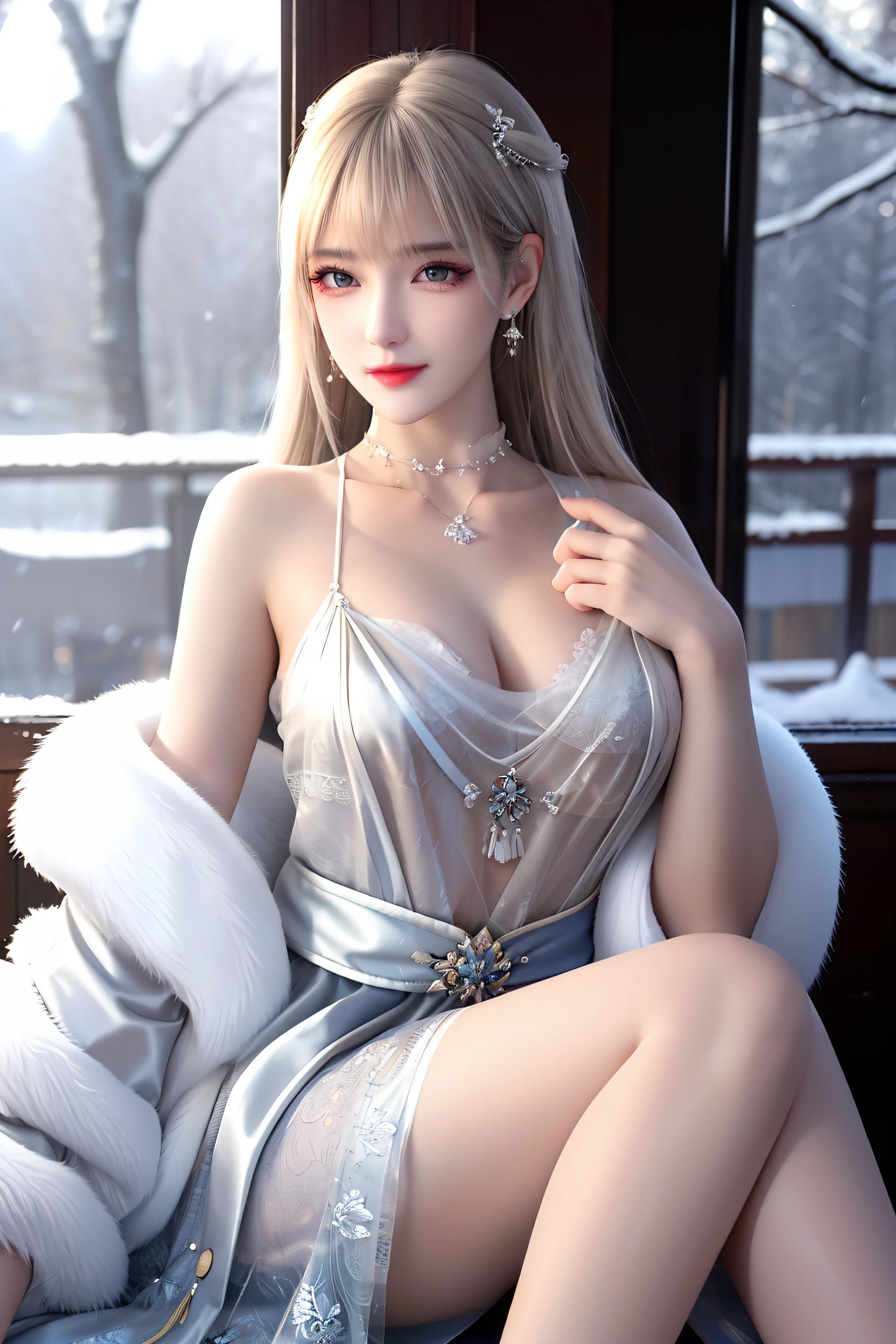 best qualityer，8K， tmasterpiece， A high resolution， 1girll， Clear silk porcelain dress， Fur coat， hair adornments， ssmile， Keep one's mouth shut， cparted lips，Large breasts，Shoulder， shift dresses， hair adornments， choker necklace， jewely， Chinese outfit， long whitr hair， 耳Nipple Ring， Detailed beautiful eyes， detailed eyelashes， beautiful  face，after sexing_Body，Slender and long legs， Tyndall effect，realisticlying， edge lit， twotonelighting，（highdetailskin：1.2）， 8K, Ultra HD， digital SLR camera， gentle illumination， high high quality， Volumetriclighting， Frankness， photore， A high resolution， Bokeh， at a forest， Falling snow， Winters， in the afternoon