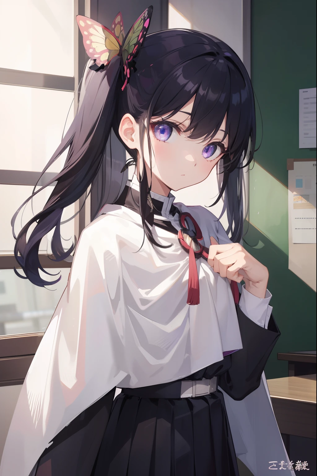kanaotsuyuri, kanao tsuyuri, black hair, butterfly, butterfly hair ornament, (purple eyes:1.1), side ponytail, ponytail,
BREAK black skirt, cape, demon slayer uniform, long sleeves, pleated skirt, skirt, white cape,
BREAK looking at viewer,
BREAK indoors, classroom,
BREAK (masterpiece:1.2), best quality, high resolution, unity 8k wallpaper, (illustration:0.8), (beautiful detailed eyes:1.6), extremely detailed face, perfect lighting, extremely detailed CG, (perfect hands, perfect anatomy),