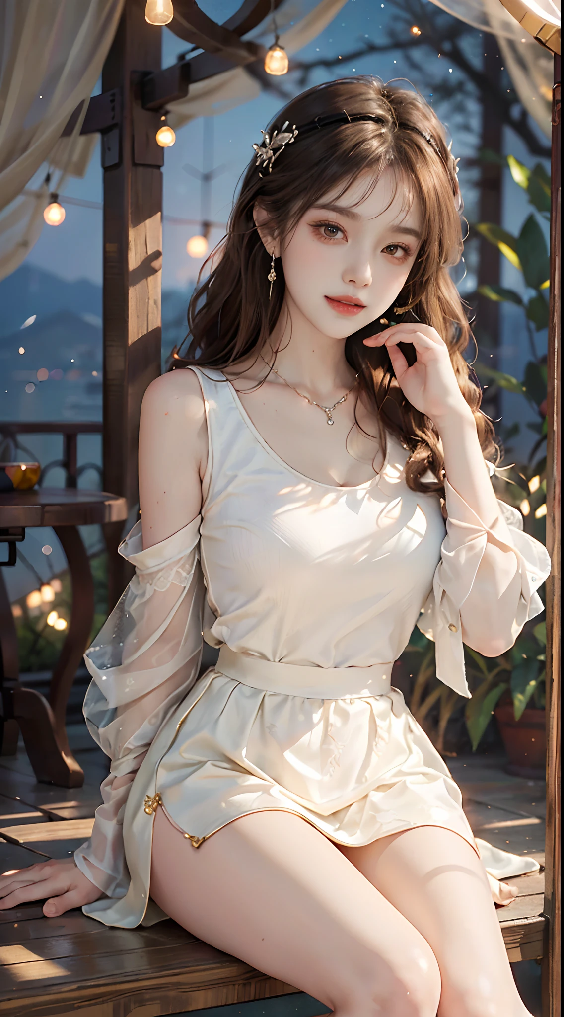 ((full body)), ((realistic)), ((from below)), (Close up), 1 Asian female model, A young girl, Playful expression, playful pose, the night, starrysky, (In the gazebo, Sit Pose, leaning against pillars), pretty pose, Eye-catching poses, Detailed scenes, Coiled hair, (Hairpins, Beautiful hair accessories), Brownish-yellow hair, light make-up, Blushlush, pretty legs, ((White lace shirt, Bat sleeves, Pale yellow high-waisted skirt, Skirt to the knee, high-heels)), ((warm lights, a warm color palette)), (Extremely high color saturation), Detailed details, ultra-detailliert, (tmasterpiece, best qualtiy), (An extremely delicate and beautiful work), Delicate earrings, Delicate necklace, Simple blurred background, Extreme detail description, Ultra-fine painting, Delicate face, slim toned body, Slimming the waist, (ssmile), (anatomy correct)