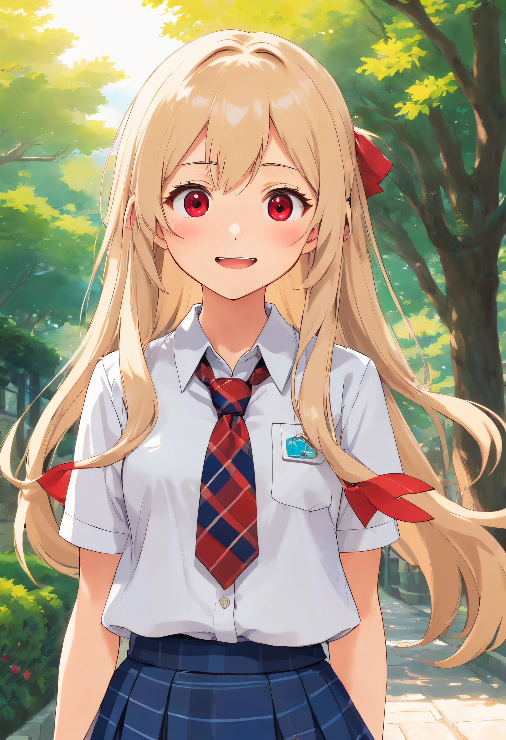 4K, Masterpiece, highres, absurdres,natural volumetric lighting and best shadows, deep depth of field, sharp focus, soft delicate beautiful attractive face,bisquedoll anime style ,[kitagawa marin|Nadia], 1girl, :d, upper body, bead bracelet, beads, black necktie, blonde hair, blue skirt, blush, bracelet, hand on own hip, jewelry, long hair, looking at viewer, necktie, open mouth, plaid, plaid skirt, red eyes, school uniform, shirt, outdoors, skirt, smile, solo, standing,white background, white shirt,