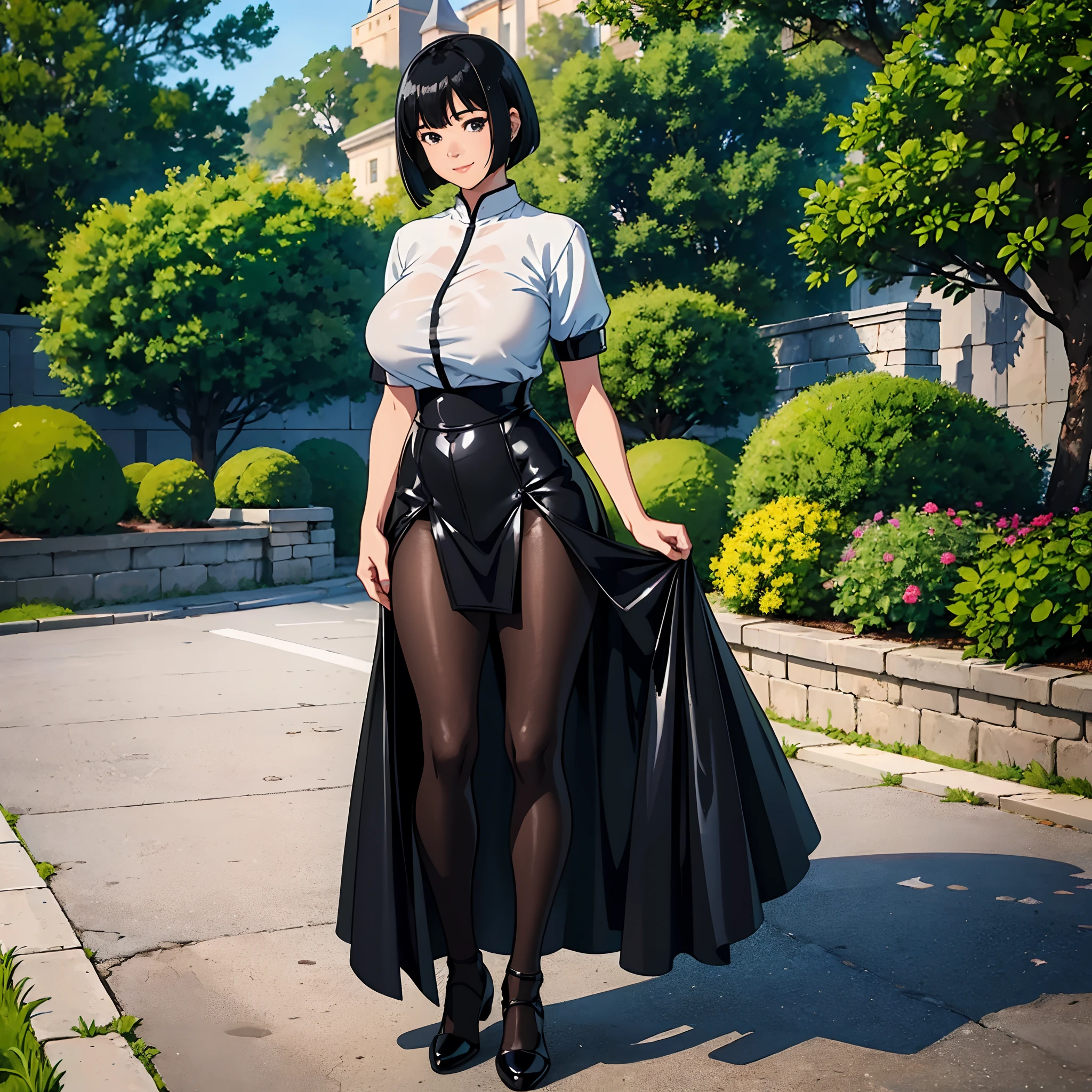 With the best image quality、age girl standing alone outdoors。In high resolution、Beautiful fine details、tranquil atmosphere。((shiny oily Black Hair Bob Hair))、Cute smile。(((breasts are huge)))、I don't have anything in my hands、realistic hand、Medieval European national costume with short sleeves、Medieval European Streets、Leather shoes, black opaque realistic tights。