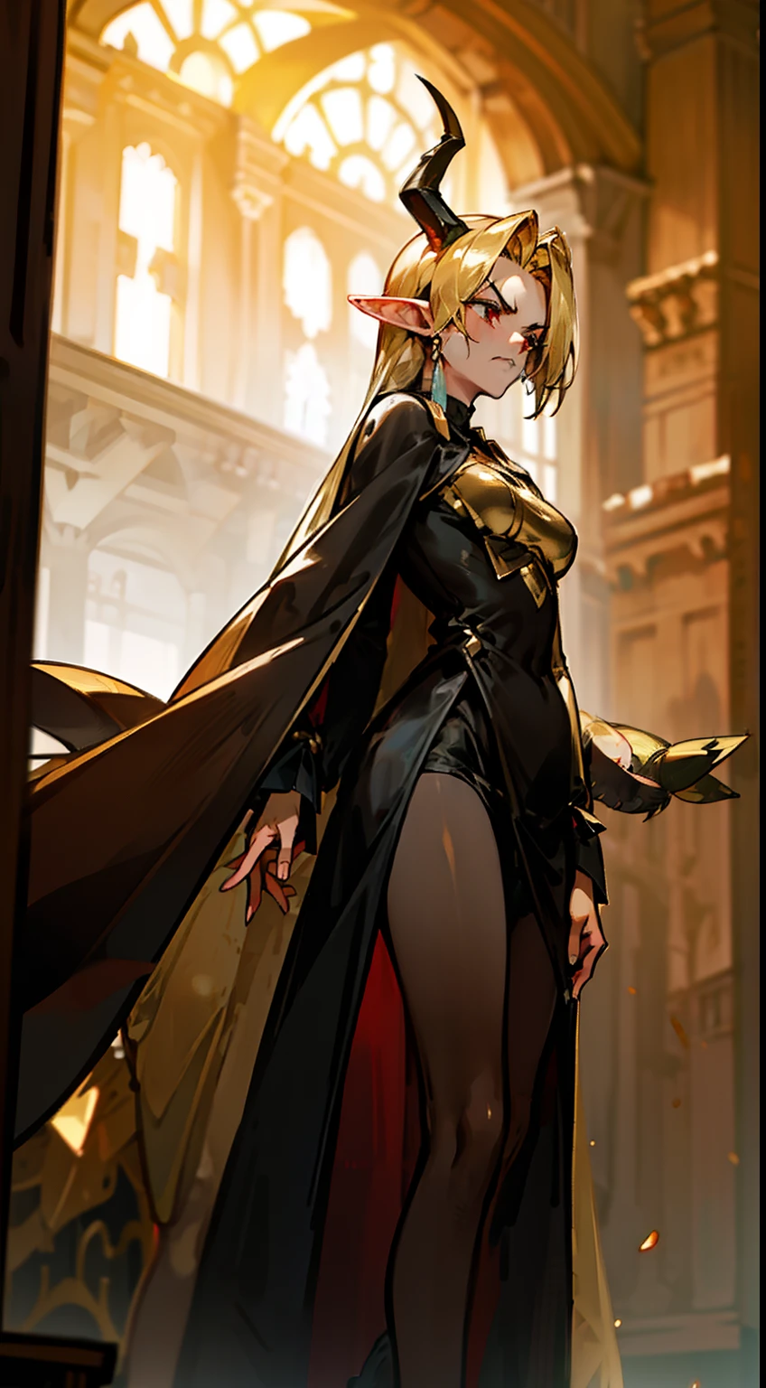 1woman,40 years,madure woman,solo,angry face,golden and black short dress,medium tits,black hair,long hair,red eyes,elves ears,golden horns,pantyhose,cape,(((standing in front of a room inside a castle)))