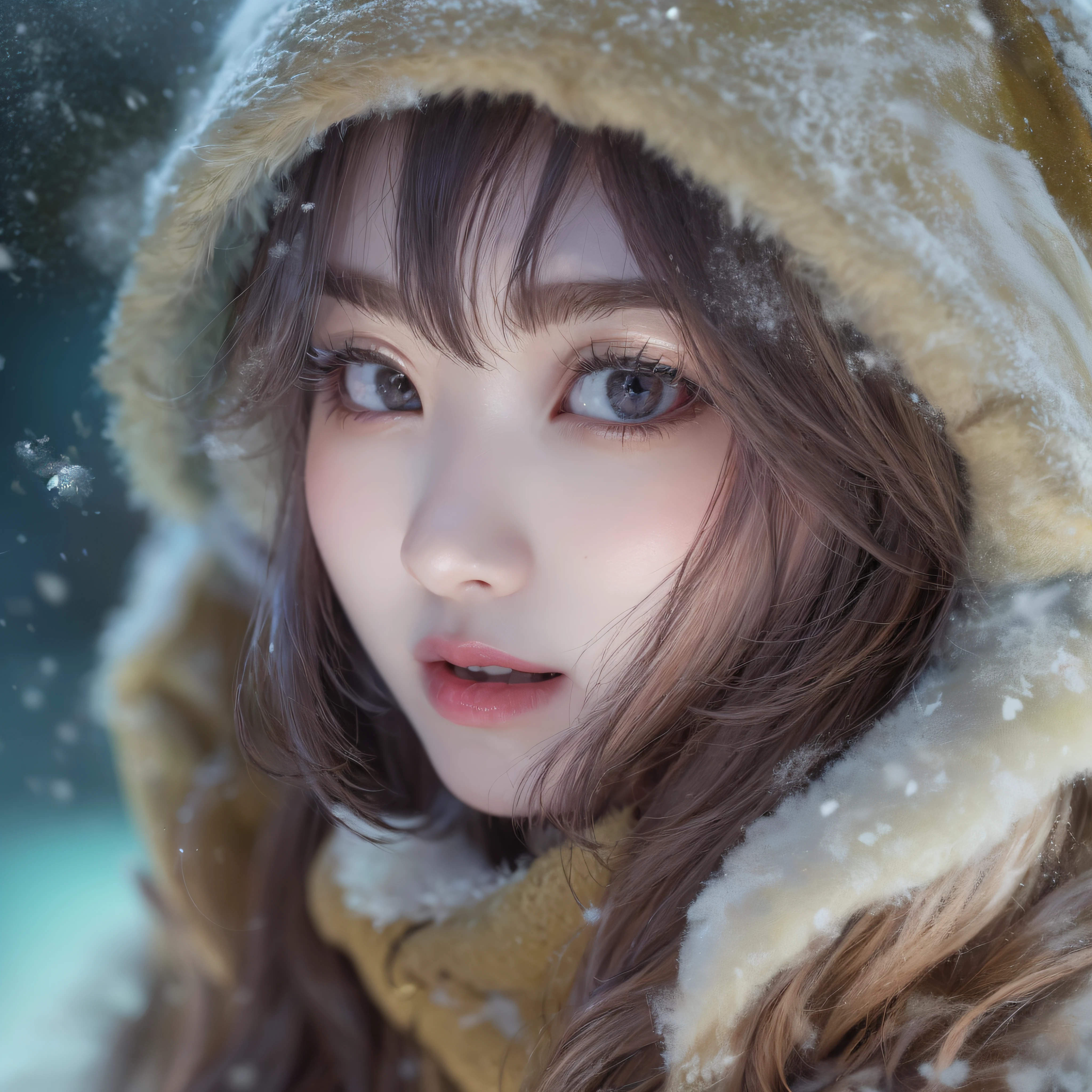 snowscape、Snow powder、Queen of snow、Close-up of laughing face、Glossy lips、Shining eyes、Snow Girl、Snow Costume、Cosplay、(realisitic、hight resolution)、(1 girl in)、Snow Girl、Do-Up Eye、Korean Girl、(Best Quality), (masutepiece), (1girl in), Solo, a beauty girl, Perfect face, dreamlikeart、Highly detailed airbrush art((Surreal))、Volumetric lighting、(top-quality)、The ultra-detailliert、(The composition of the movement:1.4)、Highly detailed colorful details、(Bright lighting)、dynamic compositions、Ray traching、The mirror reflects light、Shallow depth of field、ultra-detailliert、mixing exposure、nffsw、Her eyes are glowing with a deep pink color、Snow falling in the background、Snowy mountains are shining