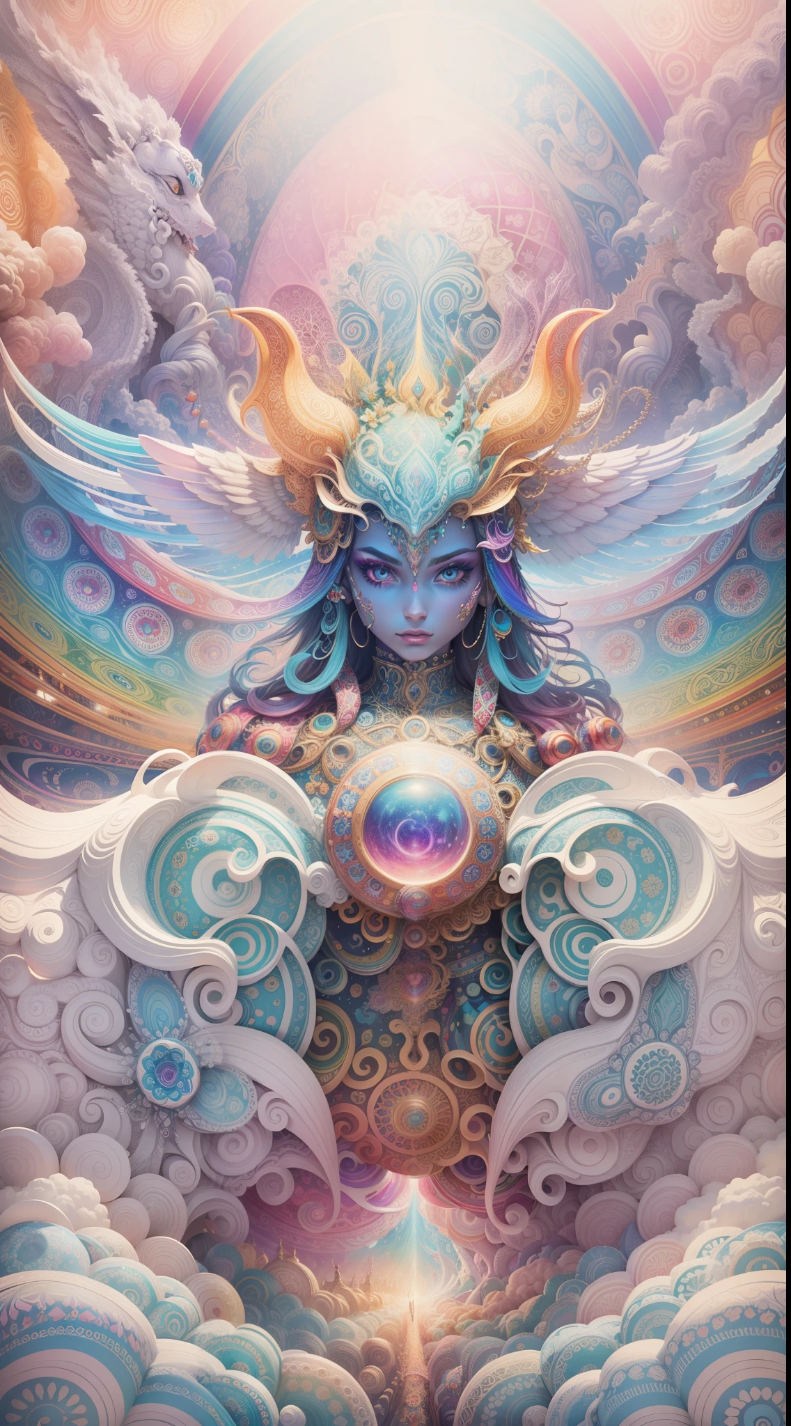 Intricate details, many colorful, psychedelic art, trippy, Heaven and hell, battle, full objects show, candy, rainbow, beautiful face