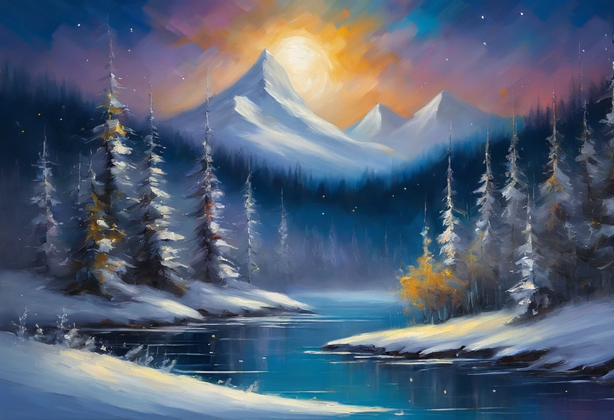 Snowy mountain night with snowy coniferous forest at the foot of the mountain。Full moon and many stars