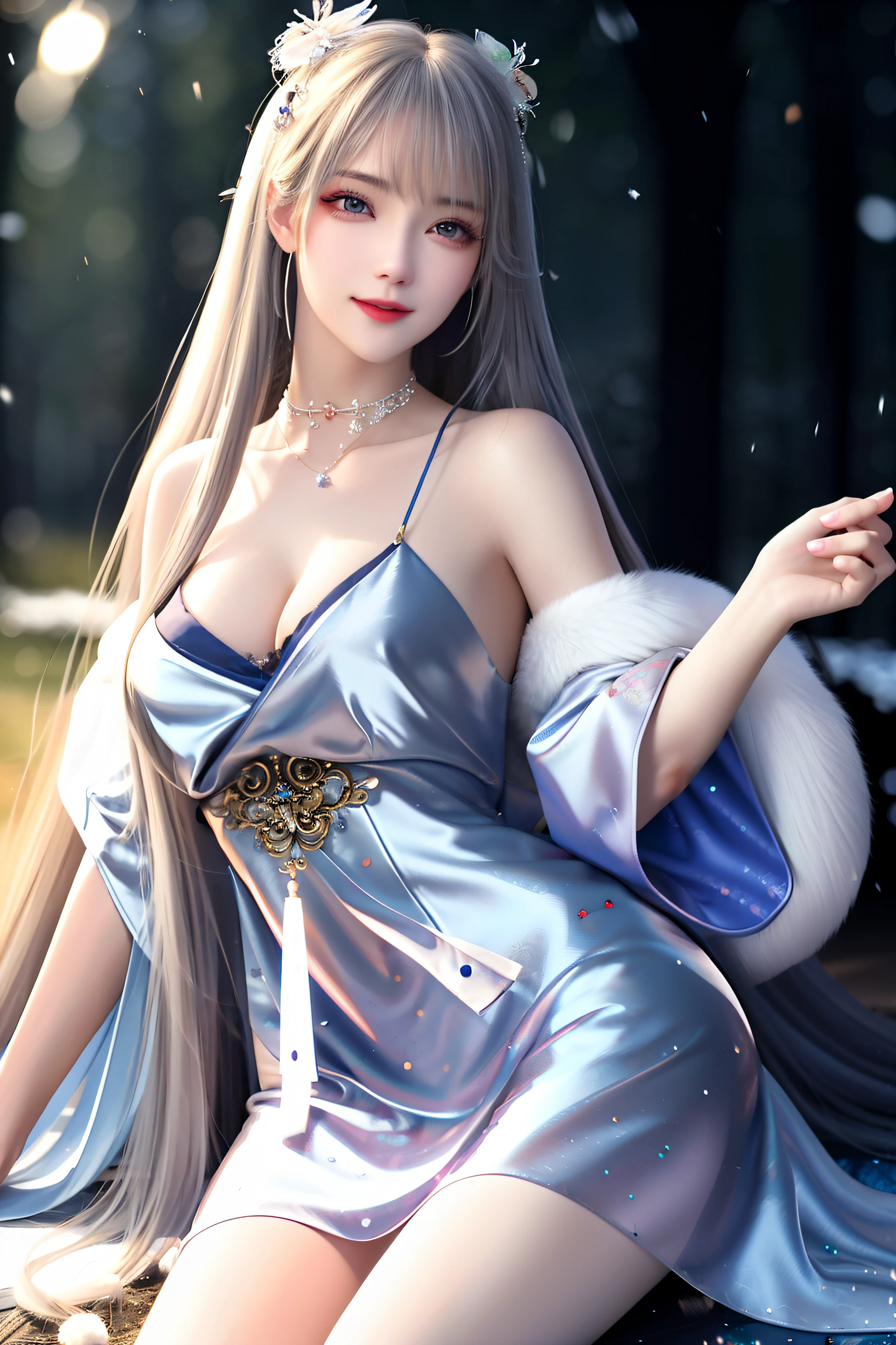 best qualityer,8K, tmasterpiece, A high resolution, 1girll, Clear silk porcelain dress, Fur coat, hair adornments, ssmile, Keep one's mouth shut, cparted lips,Large breasts,Shoulder, shift dresses, hair adornments, choker necklace, jewely, Chinese outfit, long whitr hair, 耳Nipple Ring, Detailed beautiful eyes, detailed eyelashes, beautiful face,after sexing_Body,Slender and long legs, Tyndall effect,realisticlying, edge lit, twotonelighting,(highdetailskin:1.2), 8K, Ultra HD, digital SLR camera, gentle illumination, high high quality, Volumetriclighting, Frankness, photore, A high resolution, Bokeh, at a forest, Falling snow, Winters, in the afternoon