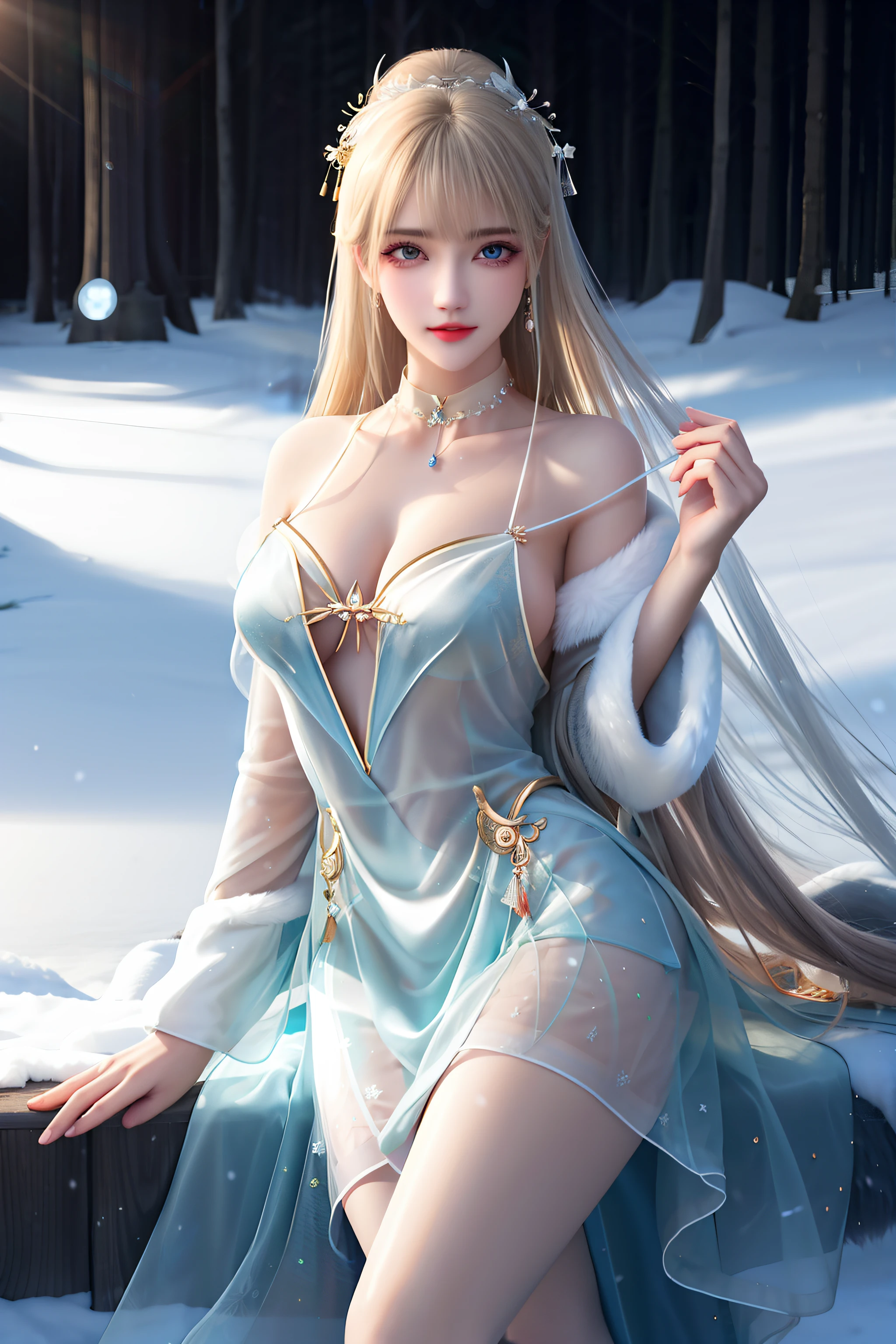 best qualityer,8K, tmasterpiece, A high resolution, 1girll, Clear silk porcelain dress, Fur coat, hair adornments, ssmile, Keep one's mouth shut, cparted lips,Large breasts,Shoulder, shift dresses, hair adornments, choker necklace, jewely, Chinese outfit, long whitr hair, 耳Nipple Ring, Detailed beautiful eyes, detailed eyelashes, beautiful face,after sexing_Body,Slender and long legs, Tyndall effect,realisticlying, edge lit, twotonelighting,(highdetailskin:1.2), 8K, Ultra HD, digital SLR camera, gentle illumination, high high quality, Volumetriclighting, Frankness, photore, A high resolution, Bokeh, at a forest, Falling snow, Winters, in the afternoon