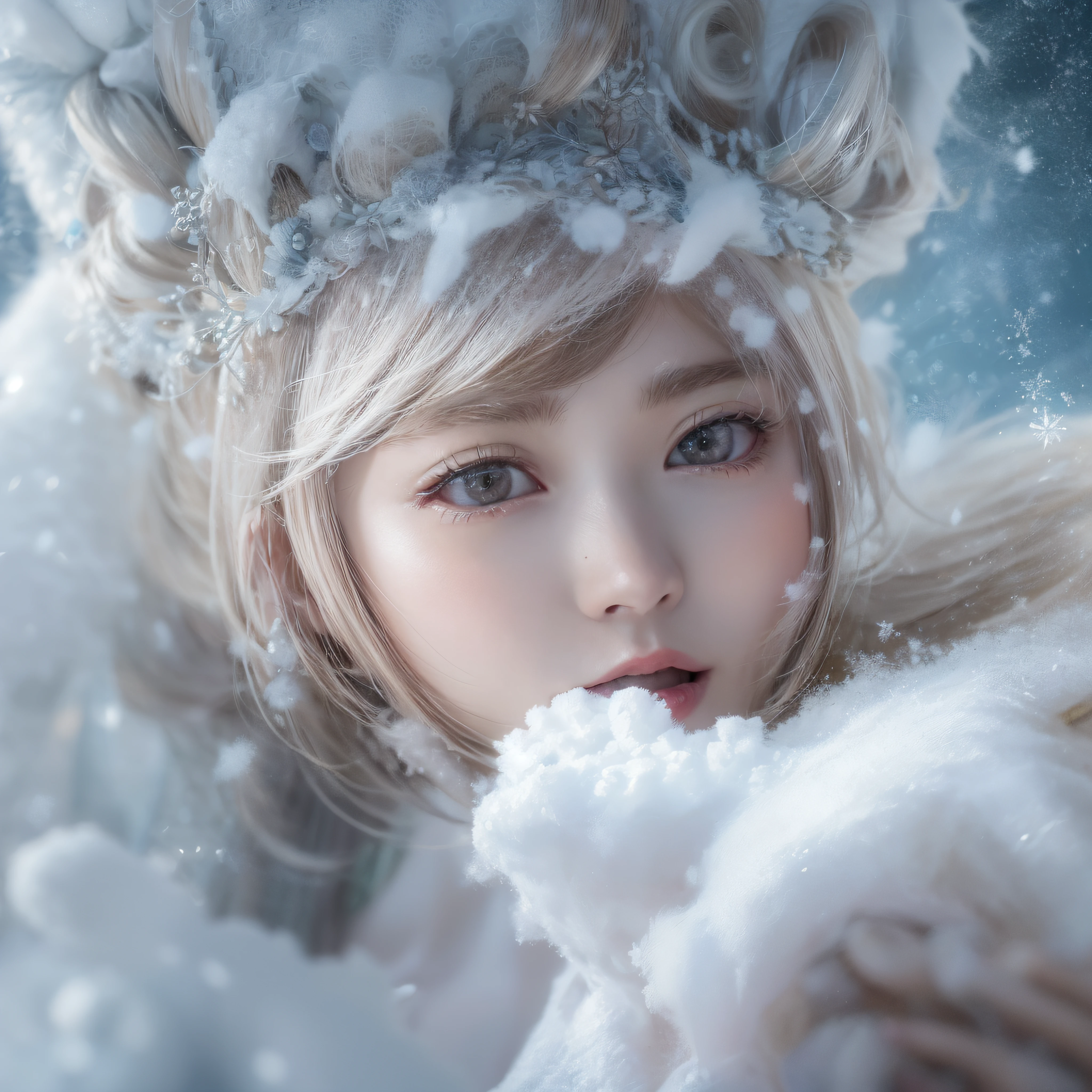 snowscape、Snow powder、Queen of snow、Close-up of laughing face、Glossy lips、Shining eyes、Snow Girl、Snow Costume、Cosplay、(realisitic、hight resolution)、(1 girl in)、Snow Girl、Do-Up Eye、Korean Girl、(Best Quality), (masutepiece), (1girl in), Solo, a beauty girl, Perfect face, dreamlikeart、Highly detailed airbrush art((Surreal))、Volumetric lighting、(top-quality)、The ultra-detailliert、(The composition of the movement:1.4)、Highly detailed colorful details、(Bright lighting)、dynamic compositions、Ray traching、The mirror reflects light、Shallow depth of field、ultra-detailliert、mixing exposure、nffsw、Her eyes are glowing with a deep pink color、Snow falling in the background、Snowy mountains are shining