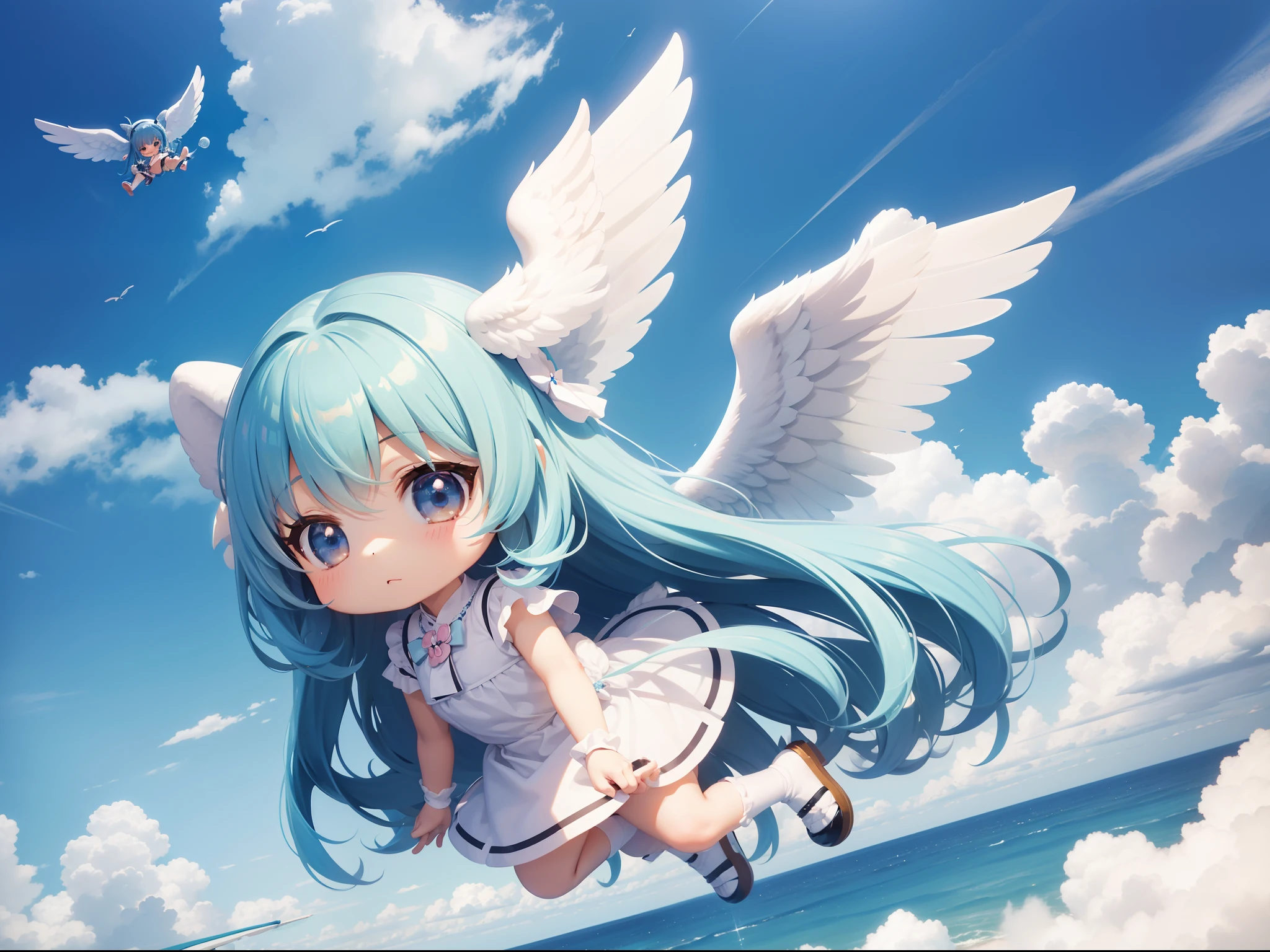 Fly in the sky with angel wings Chibichara long hair with blue hair((Chibi Chara))、Fluffy、girl with、Chibi Chara、full body Esbian、Pastel colors hair、masutepiece、top-quality、