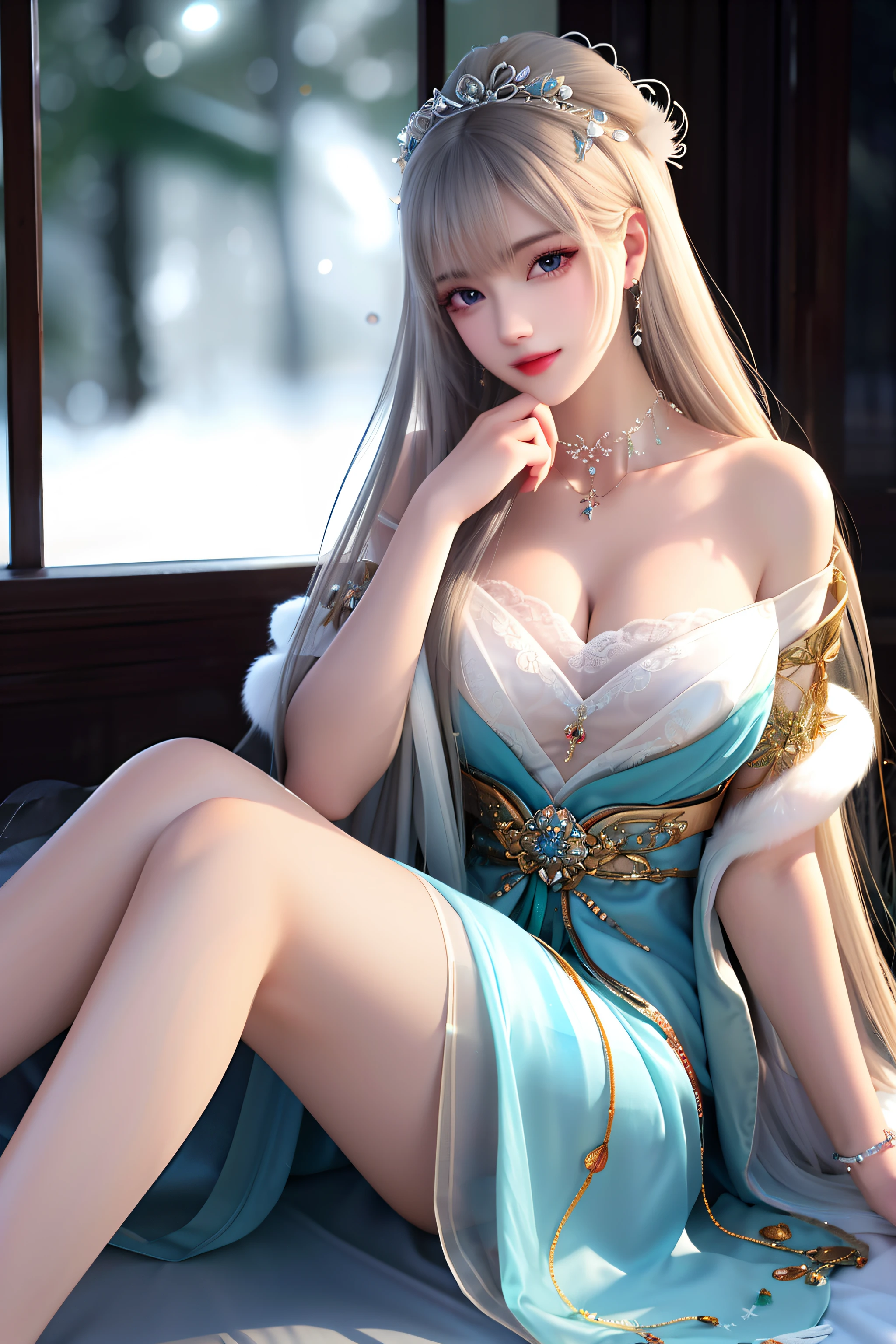 best qualityer,8K, tmasterpiece, A high resolution, 1girll, Clear silk porcelain dress, Fur coat, hair adornments,Delicate face shape,Perfect face shape, ssmile, Keep one's mouth shut, cparted lips,Large breasts,Shoulder, shift dresses, hair adornments, choker necklace, jewely, Chinese outfit, long whitr hair, 耳Nipple Ring, Detailed beautiful eyes, detailed eyelashes, beautiful face,after sexing_Body,Slender and long legs, Tyndall effect,realisticlying, edge lit, twotonelighting,(highdetailskin:1.2), 8K, Ultra HD, digital SLR camera, gentle illumination, high high quality, Volumetriclighting, Frankness, photore, A high resolution, Bokeh, at a forest, Falling snow, Winters, in the afternoon