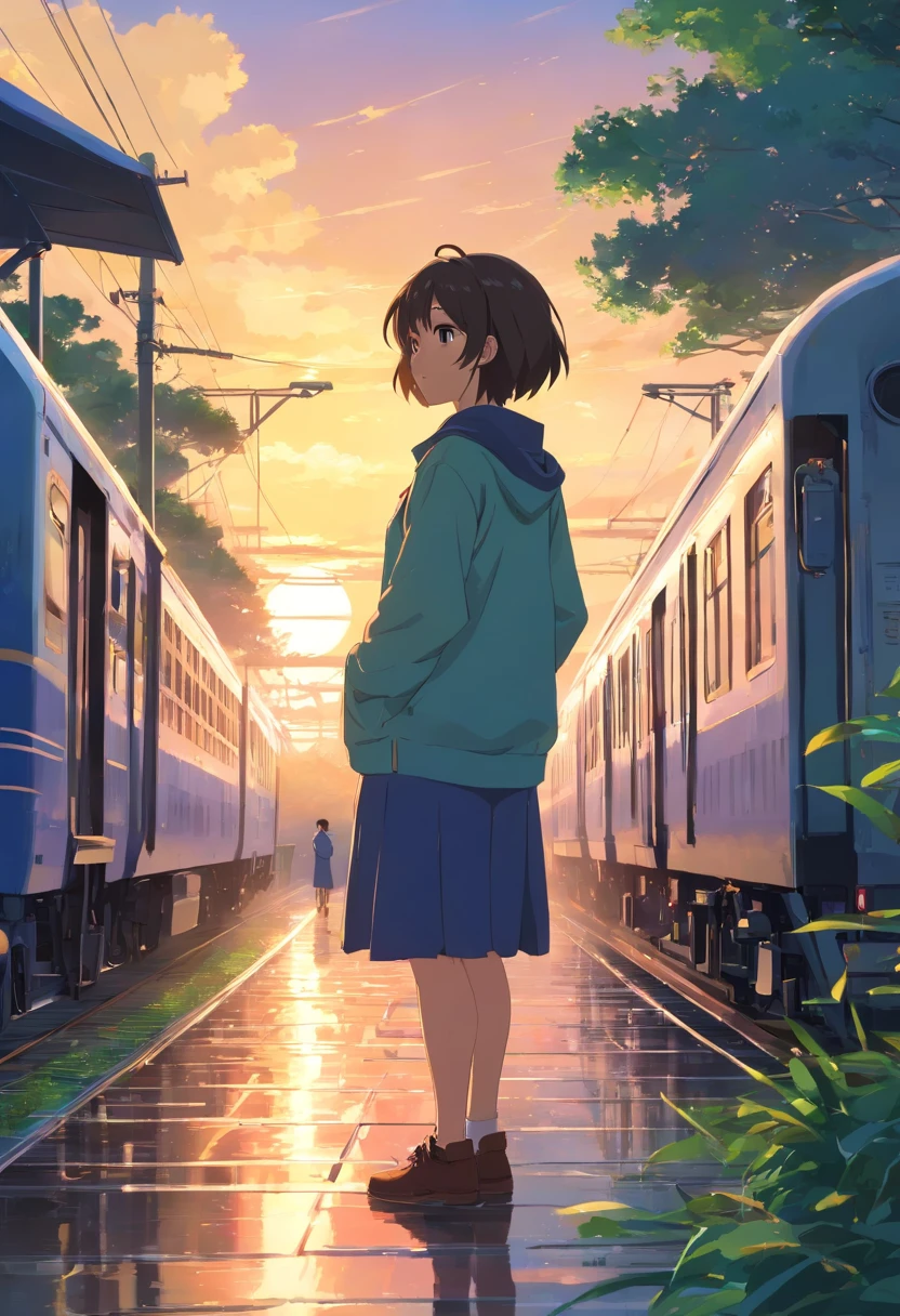 Train and sunrise,The Garden of Words,raining day