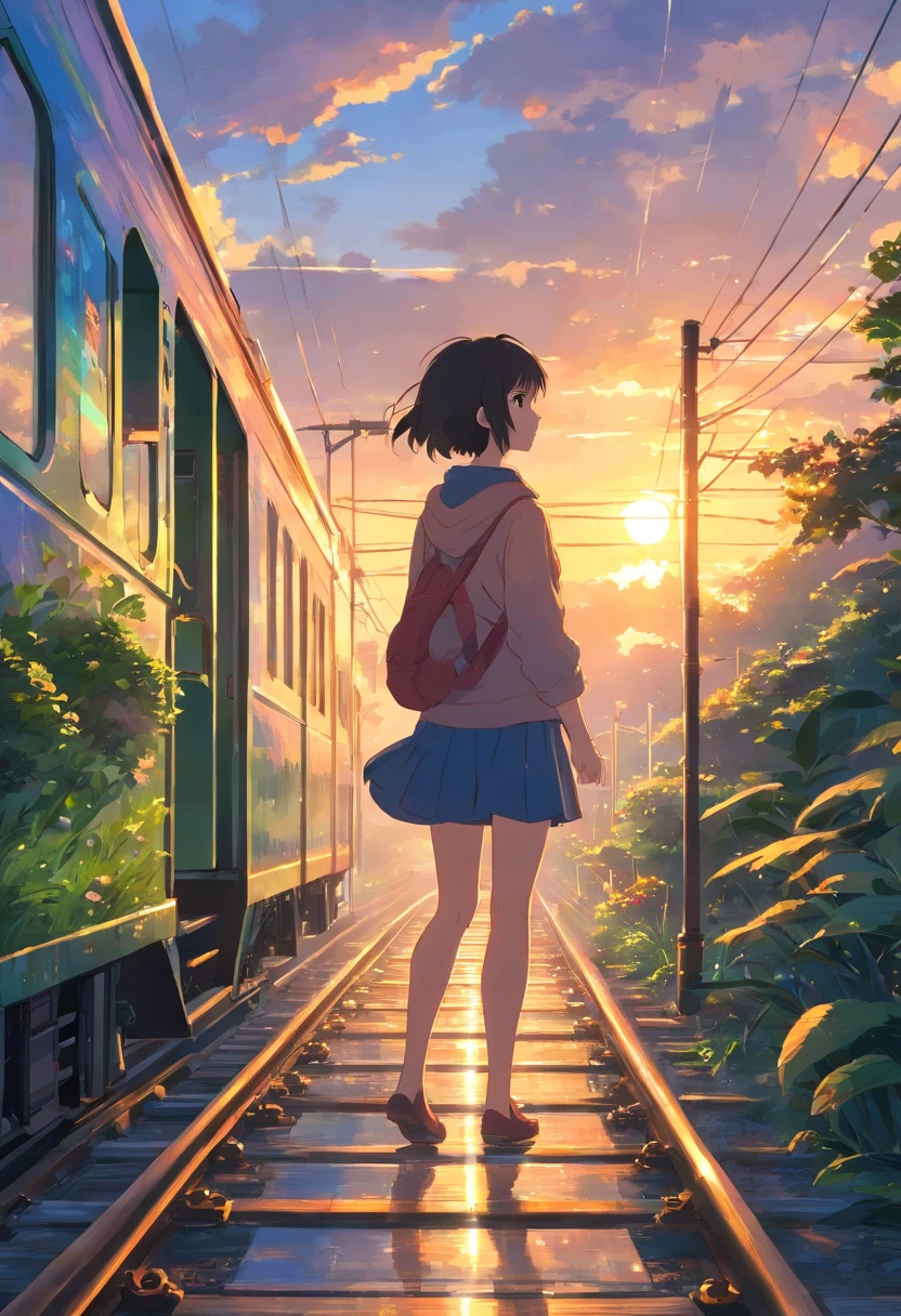 tmasterpiece，best qualtiy，cinematic Film still from，Boy sitting in the train，Girl on the platform，​​clouds，Floating in the sky，Close-up view，brightly，cheerfulness，Warm and soft lighting，the sunset，（spark of light：0.7