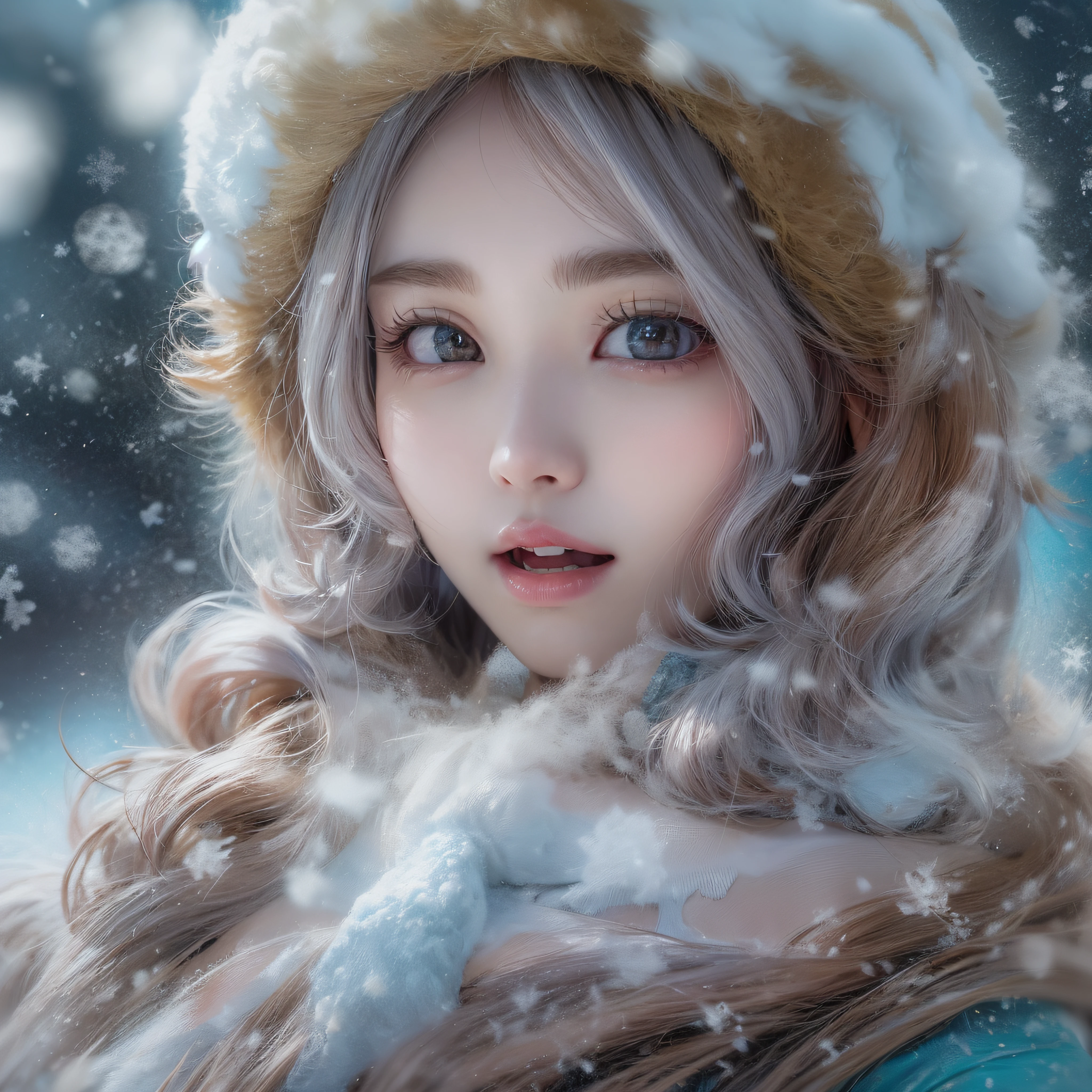 snowscape、Snow powder、Queen of snow、Close-up of laughing face、Glossy lips、Shining eyes、Snow Girl、Snow Costume、Cosplay、(realisitic、hight resolution)、(1 girl in)、Snow Girl、Do-Up Eye、Korean Girl、(Best Quality), (masutepiece), (1girl in), Solo, a beauty girl, Perfect face, dreamlikeart、Highly detailed airbrush art((Surreal))、Volumetric lighting、(top-quality)、The ultra-detailliert、(The composition of the movement:1.4)、Highly detailed colorful details、(Bright lighting)、dynamic compositions、Ray traching、The mirror reflects light、Shallow depth of field、ultra-detailliert、mixing  exposure、nffsw、Her eyes are glowing with a deep pink color、Snow falling in the background、Snowy mountains are shining