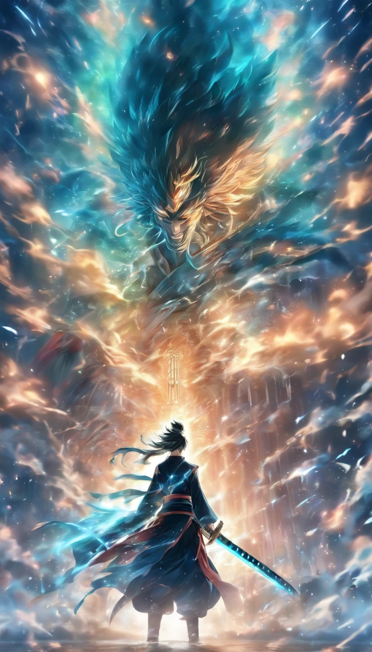 ((Masterpiece))，(Best quality))，Faraway view，There were twenty swords suspended in the air，Sword rain，A young Taoist priest，Infinite Sword System，Glow effects，Hyper-realistic，Ultra photo realsisim，Chinese ink style，8K，super-fine，high qulity