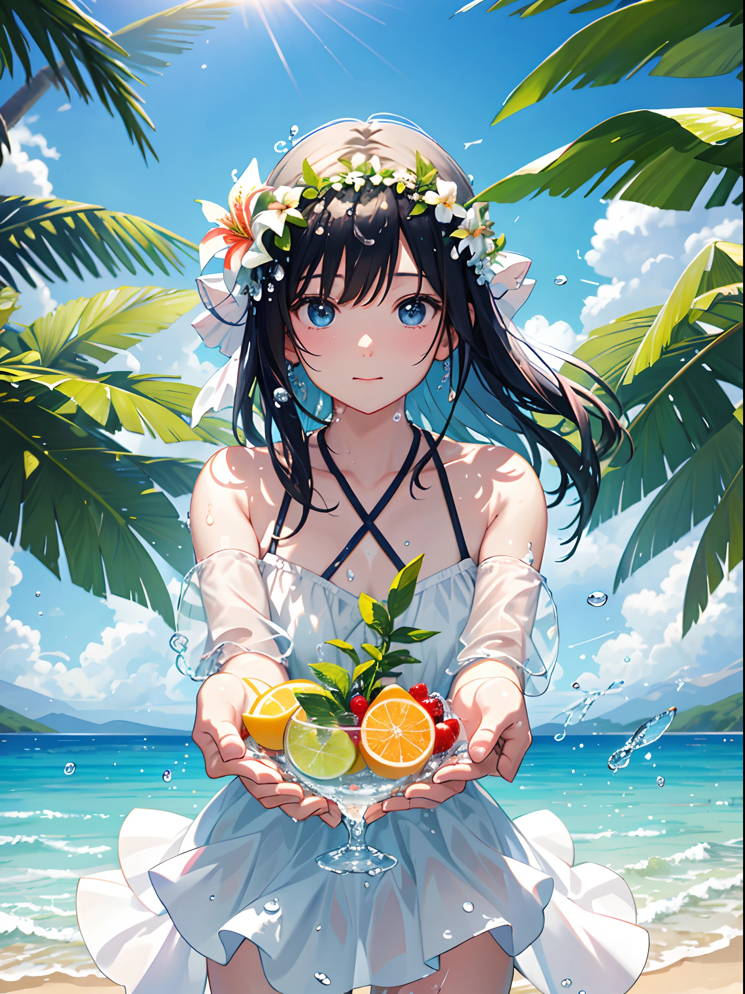 Summer tropical beach holiday themed macro shot。The hero of this picture is a cocktail。The lens is、fruits、Dazzling midday sun、Distant view、Hearty meals、(splash water:1.6)、icy、(Picnic scene:0.5)(Cute desserts:0.4)、Focus on dripping。soda、Translucent liquid、Outdoor lighting during the day(Beach1.5)、tropical plant、Hot weather、HD Detail、wet watermarks、Hyper-detailing、Cinematic、surrealism、Soft light、Deep field focus bokeh、Ray traching、diffused(Ultra-fine glass reflection)、surrealism。